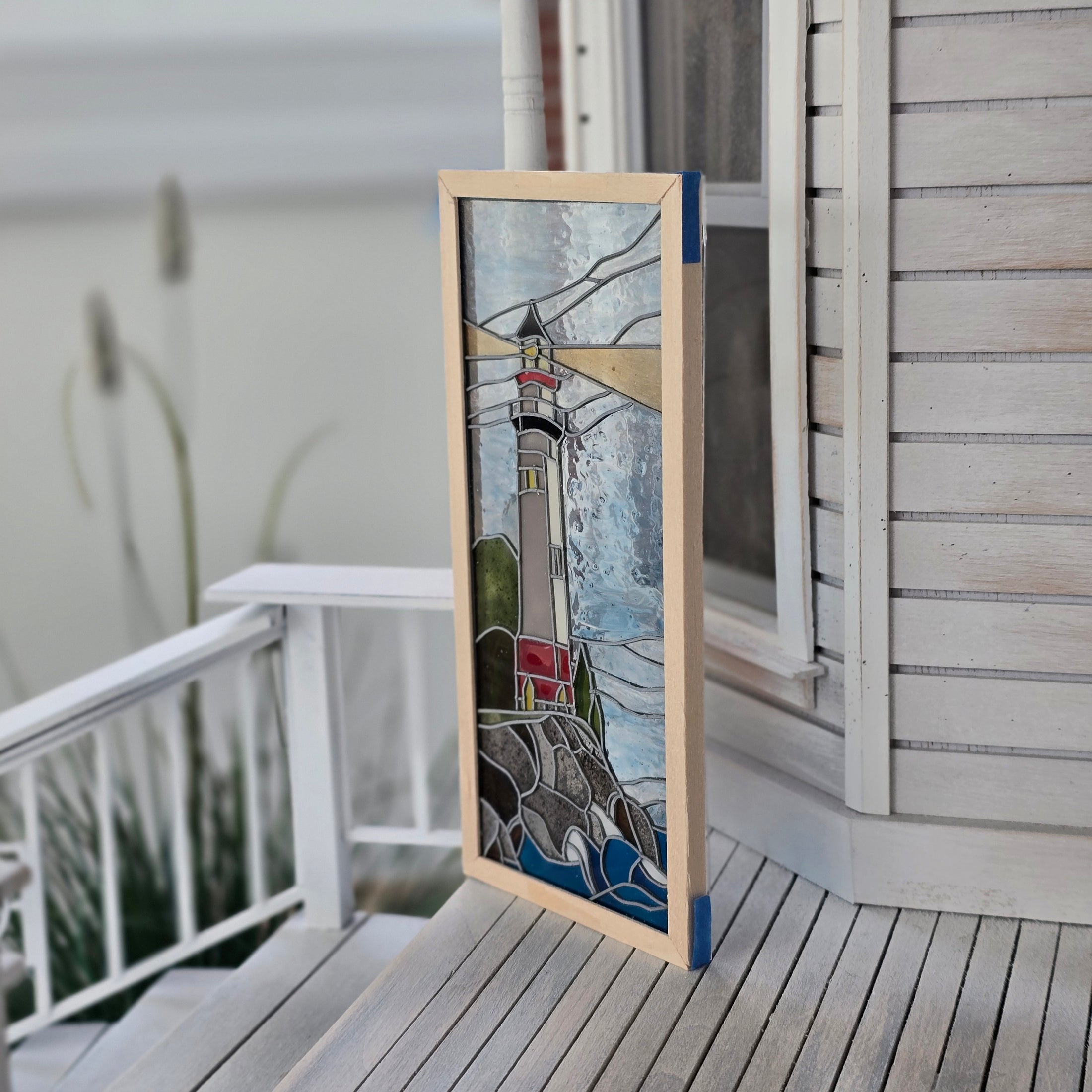 Lighthouse Real Stained Glass Window Panel Architectural Element