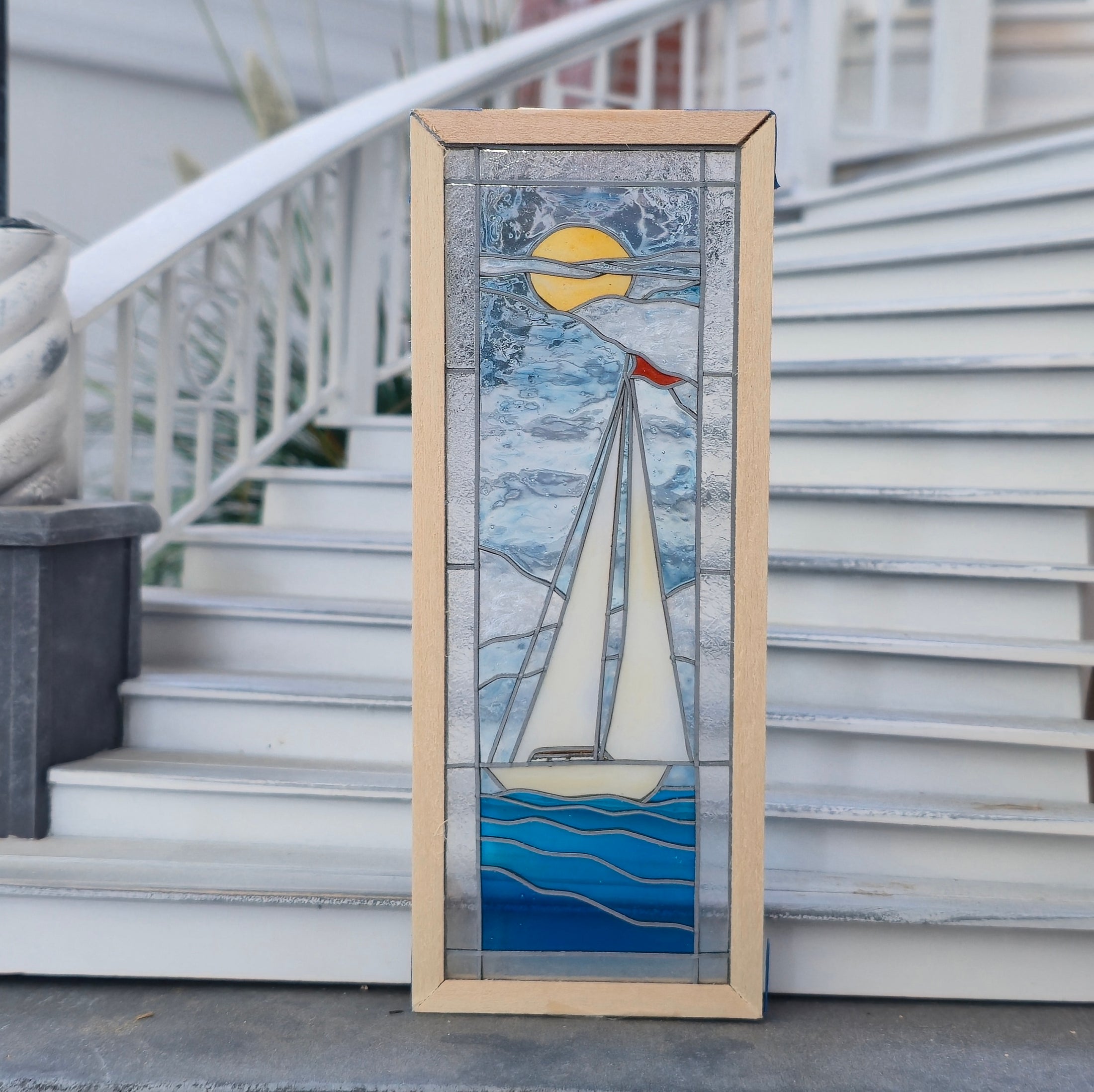 Sailboat Stained Glass Window Panel Statement Architectural Element