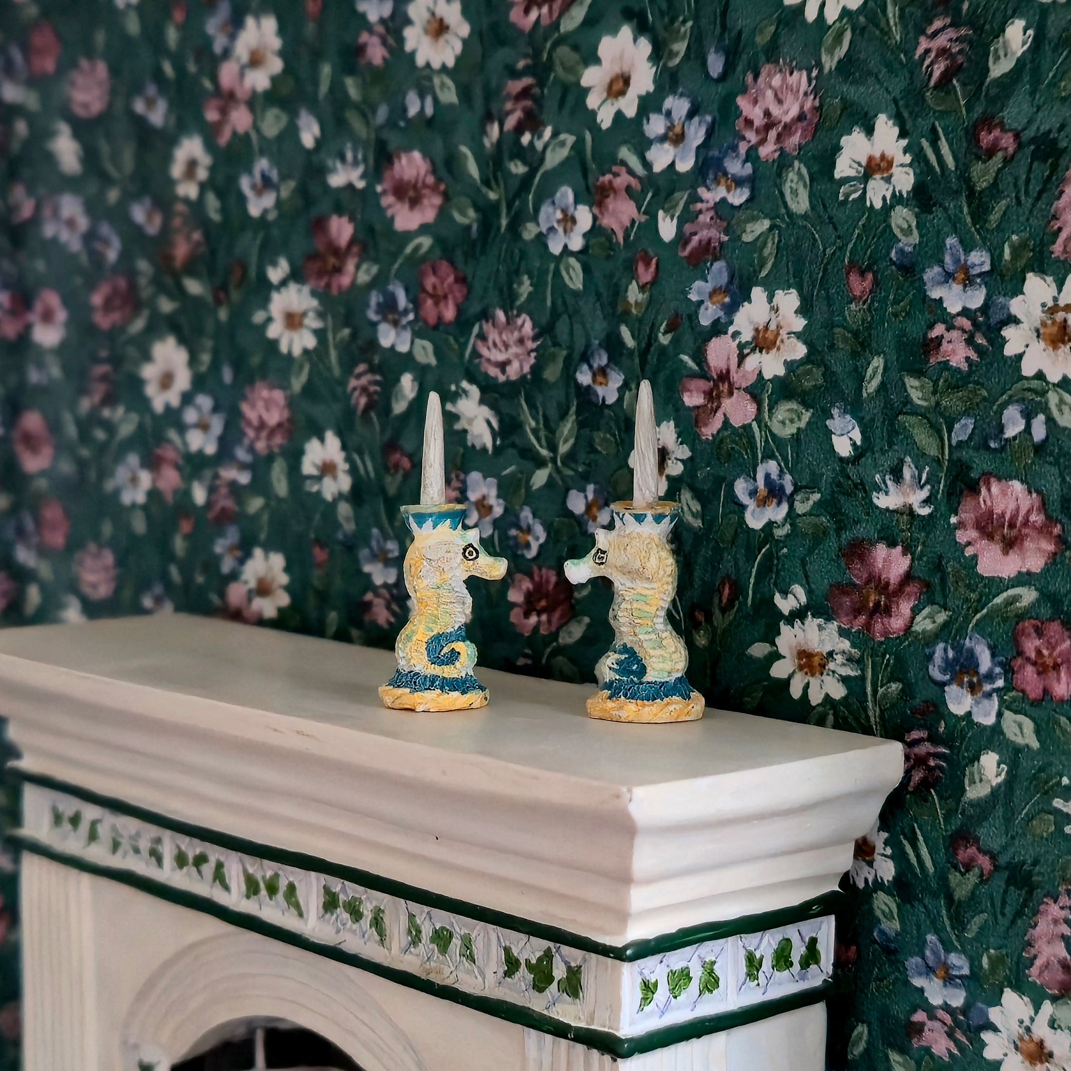 Seahorse Candlestick Pair with Faux Candles Beach House Decor