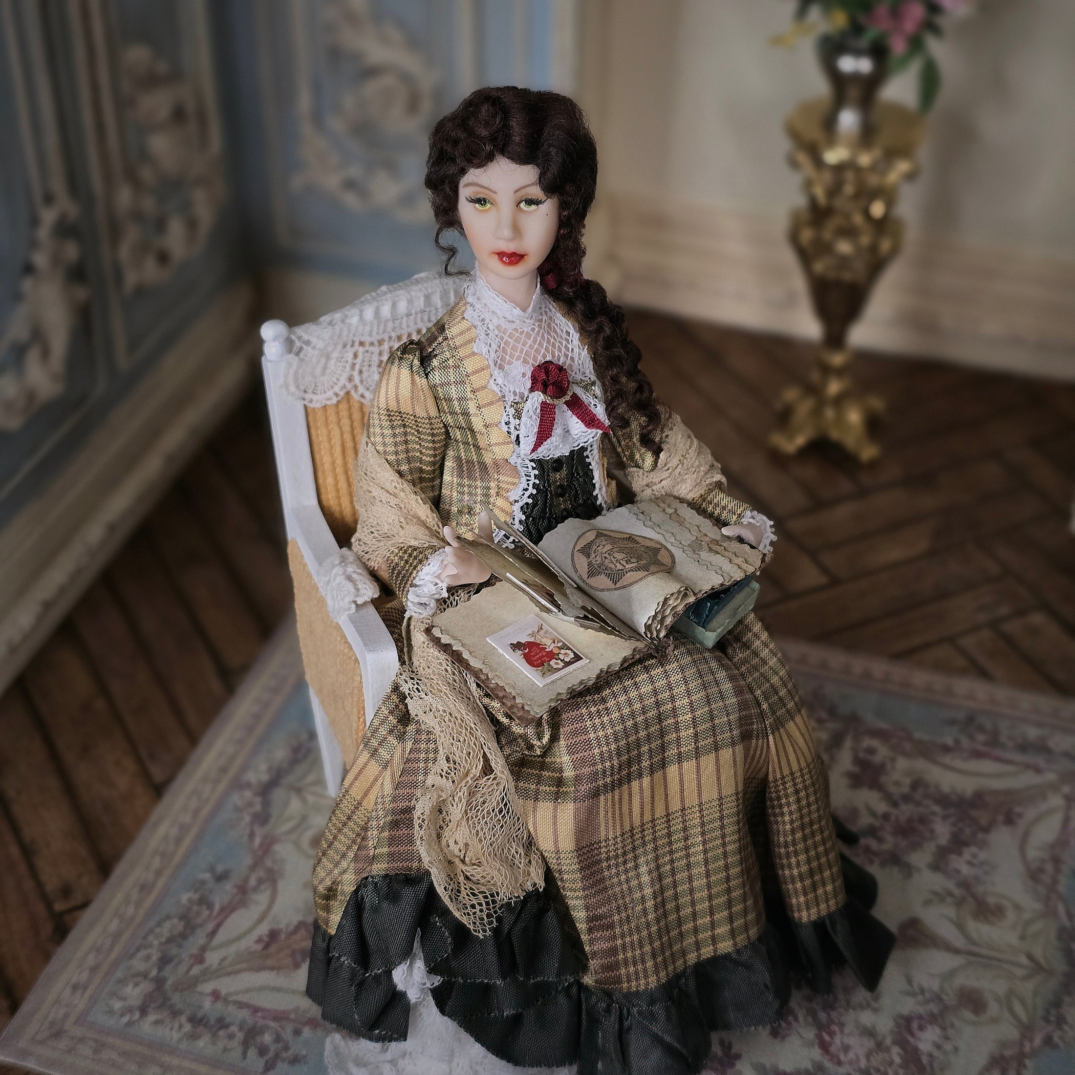 Victorian Lady Reading Scrapbook Porcelain Doll With Chair Dana Burton