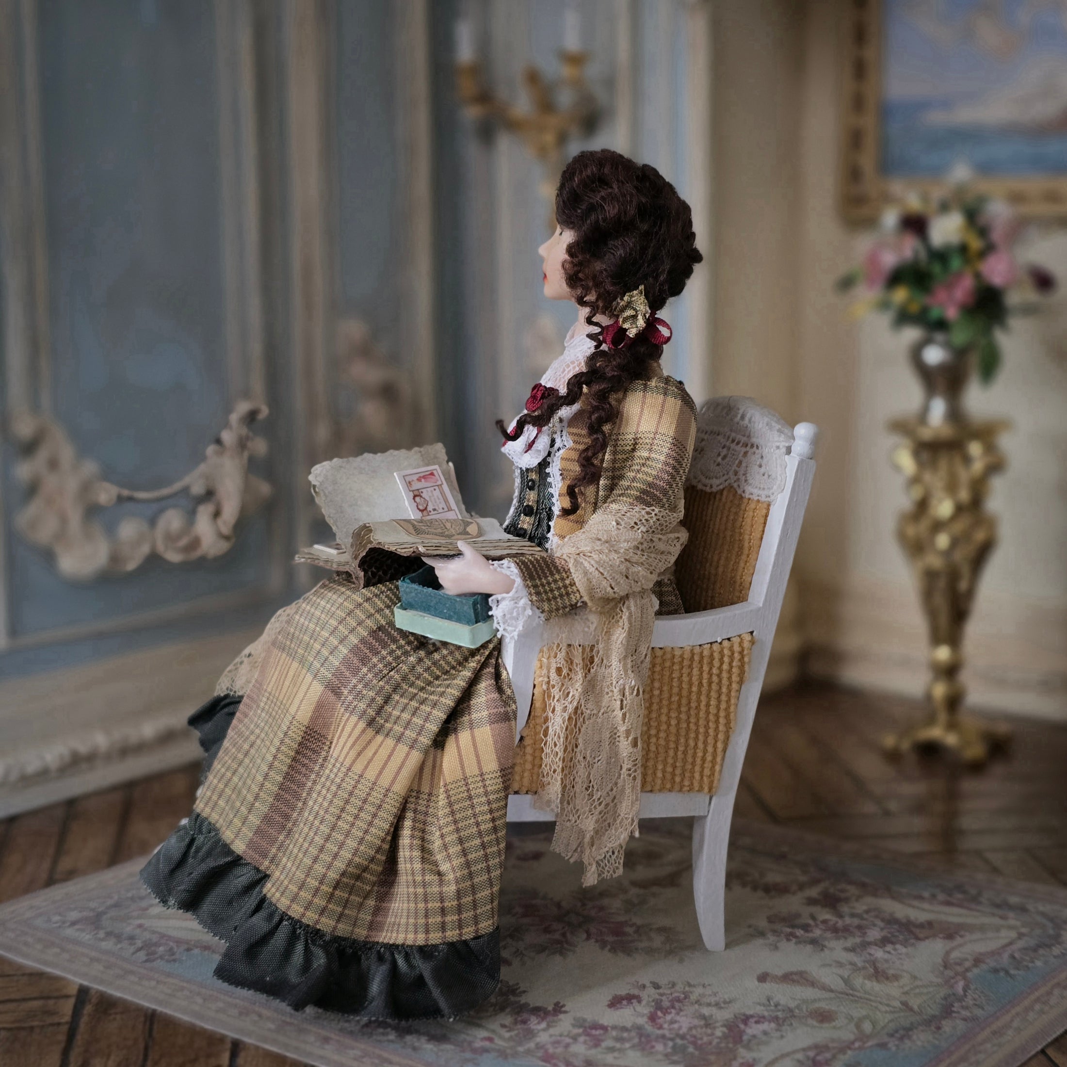 Victorian Lady Reading Scrapbook Porcelain Doll With Chair Dana Burton