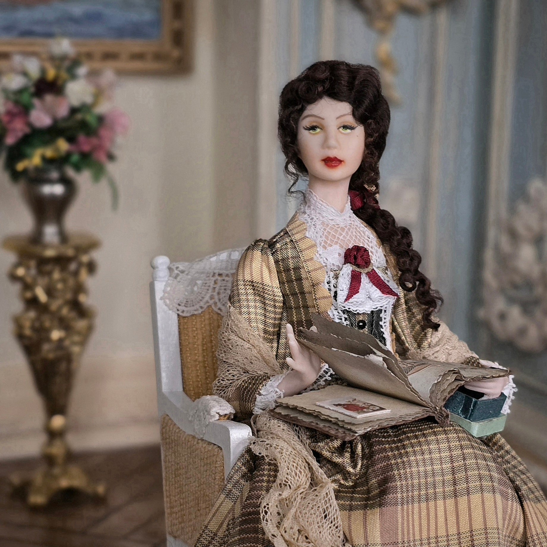 Victorian Lady Reading Scrapbook Porcelain Doll With Chair Dana Burton