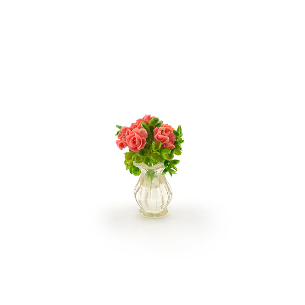 Miniature Dollhouse Pink Rose Bouquet In Glass Vase