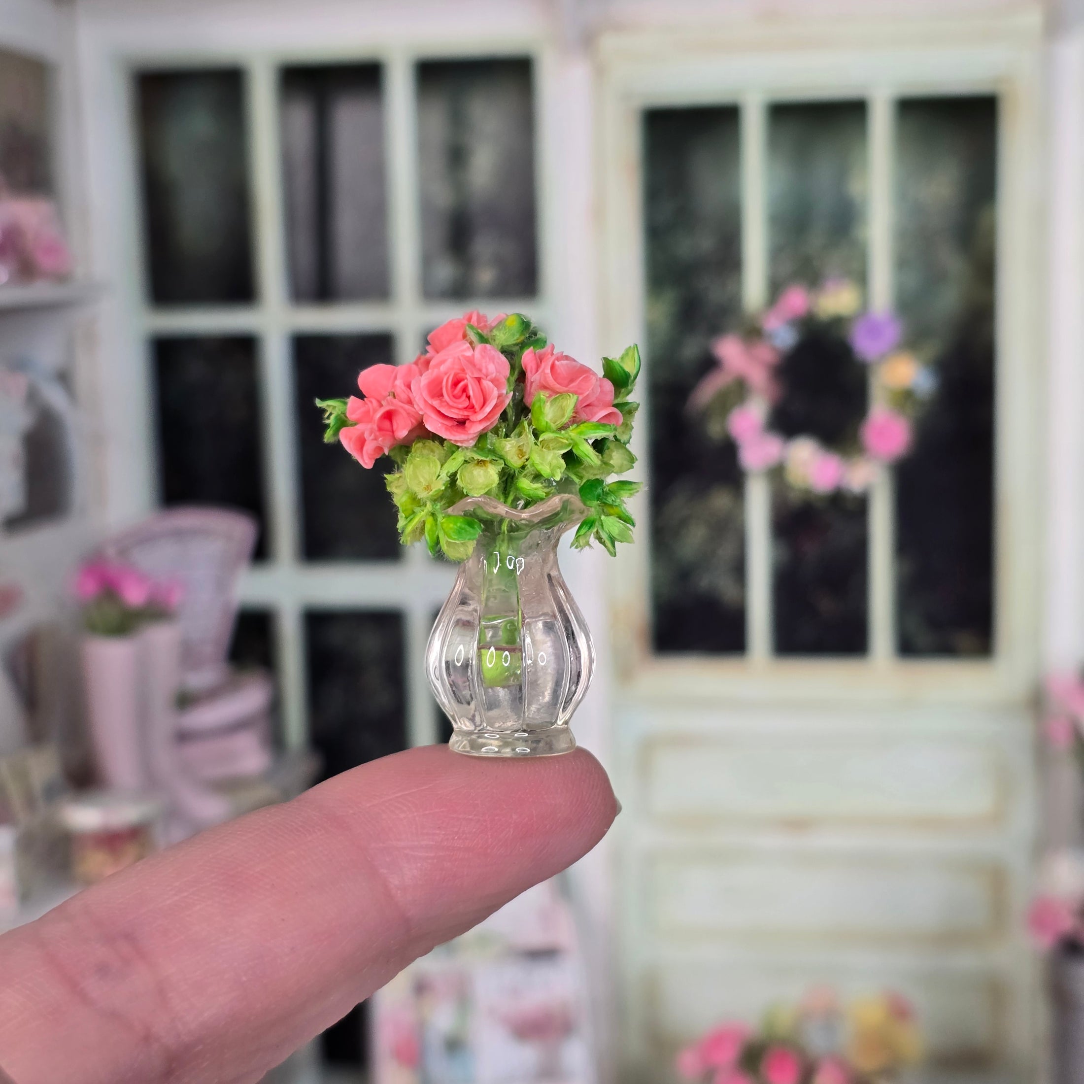 Miniature Dollhouse Pink Rose Bouquet In Glass Vase
