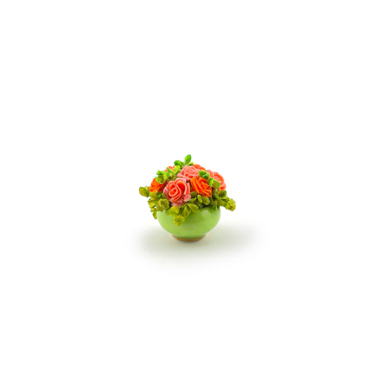 Coral & Tangerine Rose Centerpiece In Green Glass Bowl Miniature Dollhouse