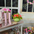 Load image into Gallery viewer, Coral & Tangerine Rose Centerpiece In Green Glass Bowl Miniature Dollhouse
