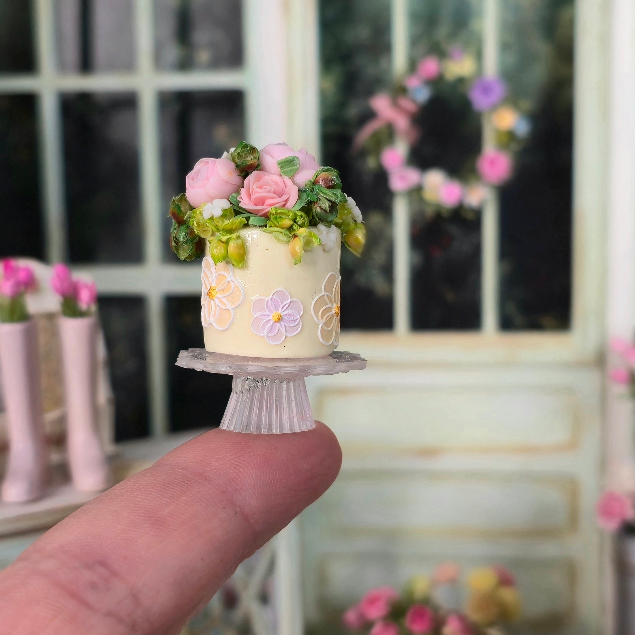Floral Garden Party or Wedding Cake on Pedestal Stand