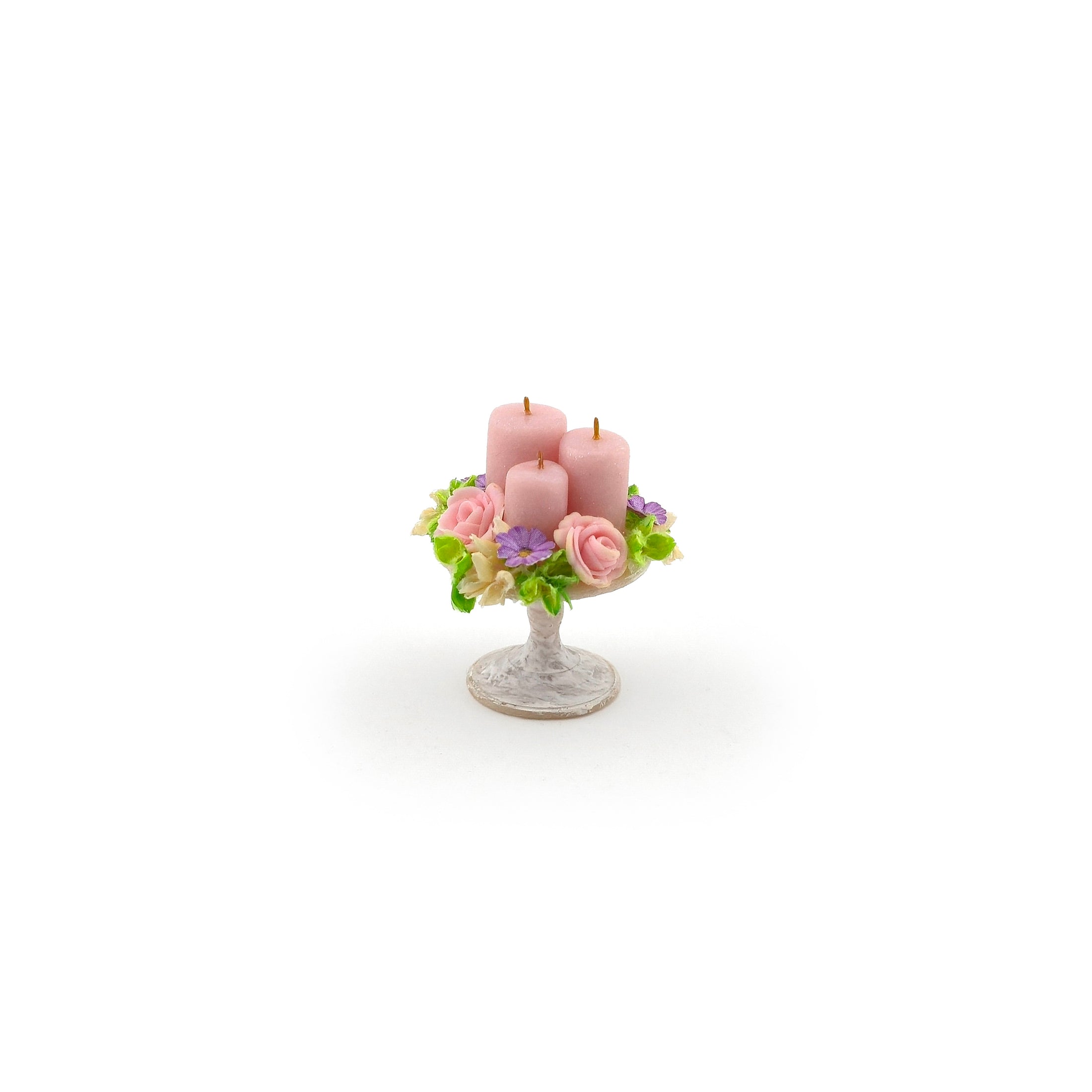 Pink Floral Candle Shabby Chic Centerpiece on Pedestal Stand