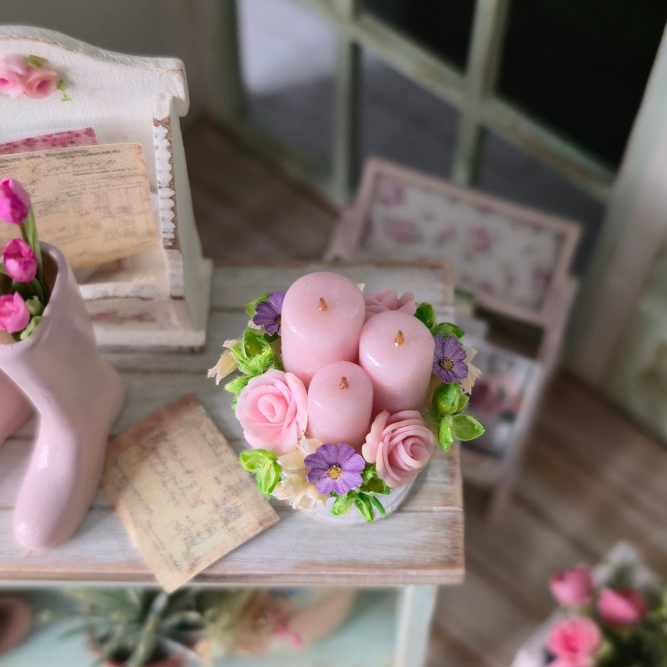 Pink Floral Candle Shabby Chic Centerpiece on Pedestal Stand