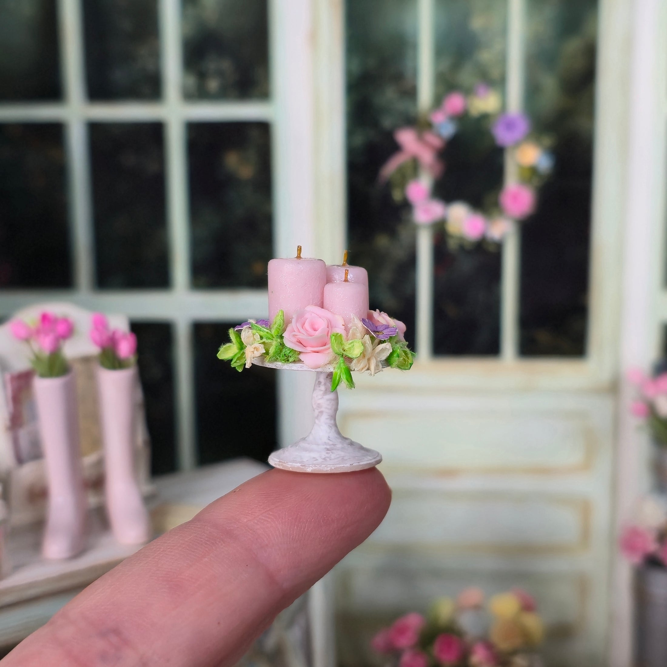 Pink Floral Candle Shabby Chic Centerpiece on Pedestal Stand