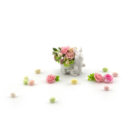 Miniature Dollhouse Easter Bunny Wheelbarrow Floral Centerpiece Set
