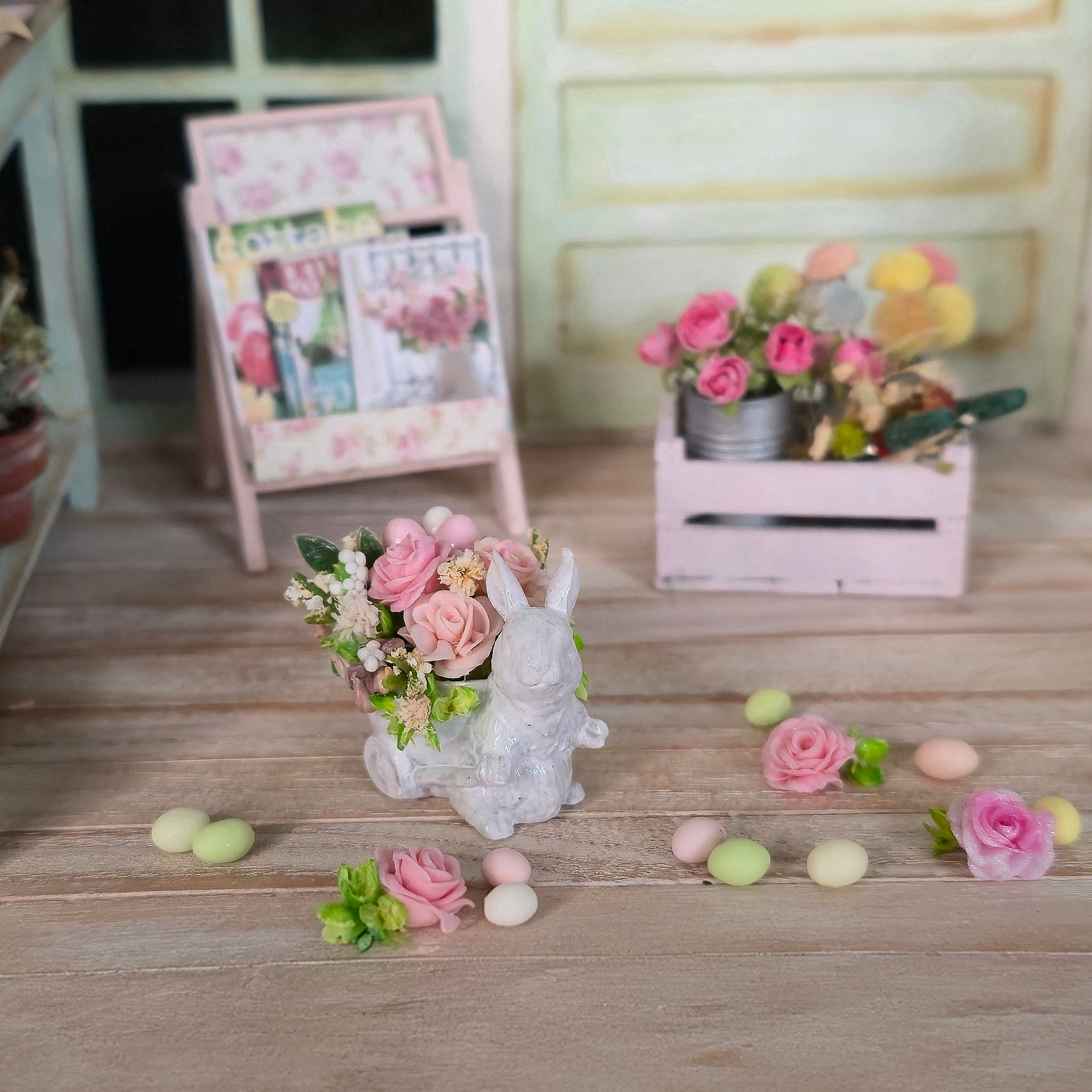 Miniature Dollhouse Easter Bunny Wheelbarrow Floral Centerpiece Set
