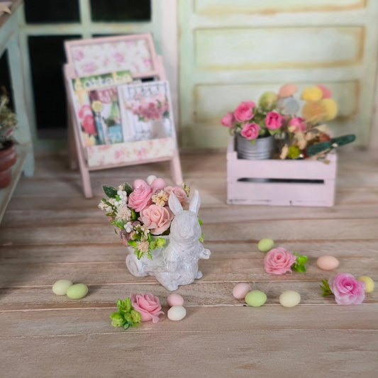Miniature Dollhouse Easter Bunny Wheelbarrow Floral Centerpiece Set