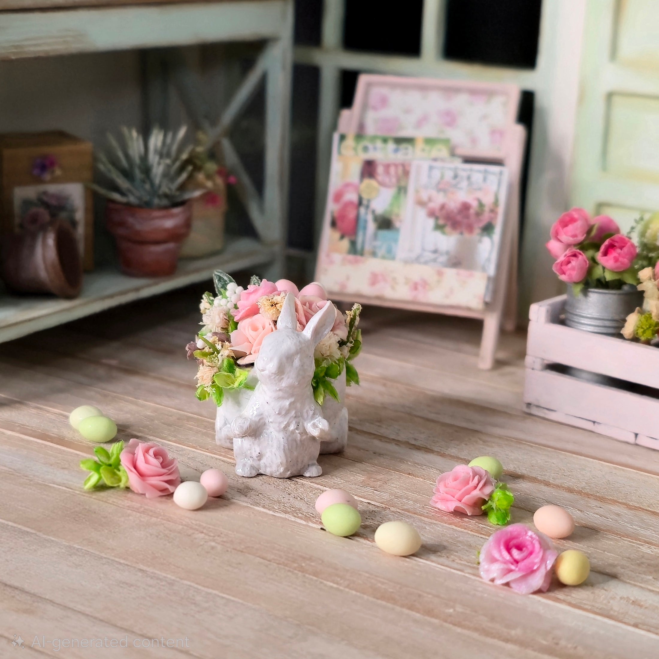 Miniature Dollhouse Easter Bunny Wheelbarrow Floral Centerpiece Set