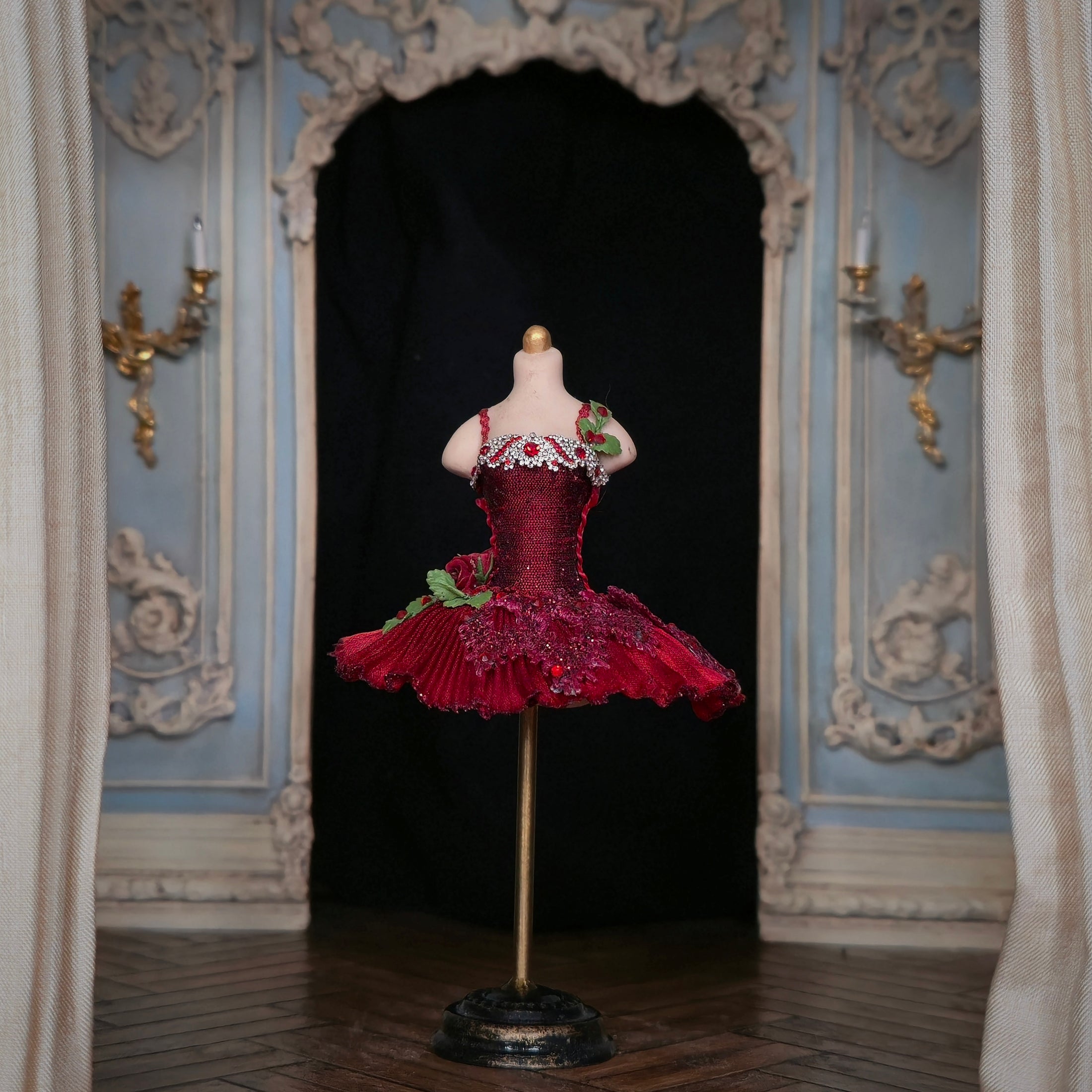 Couture Red Silk Youth Ballet Dress on Mannequin Dress Form Miniature