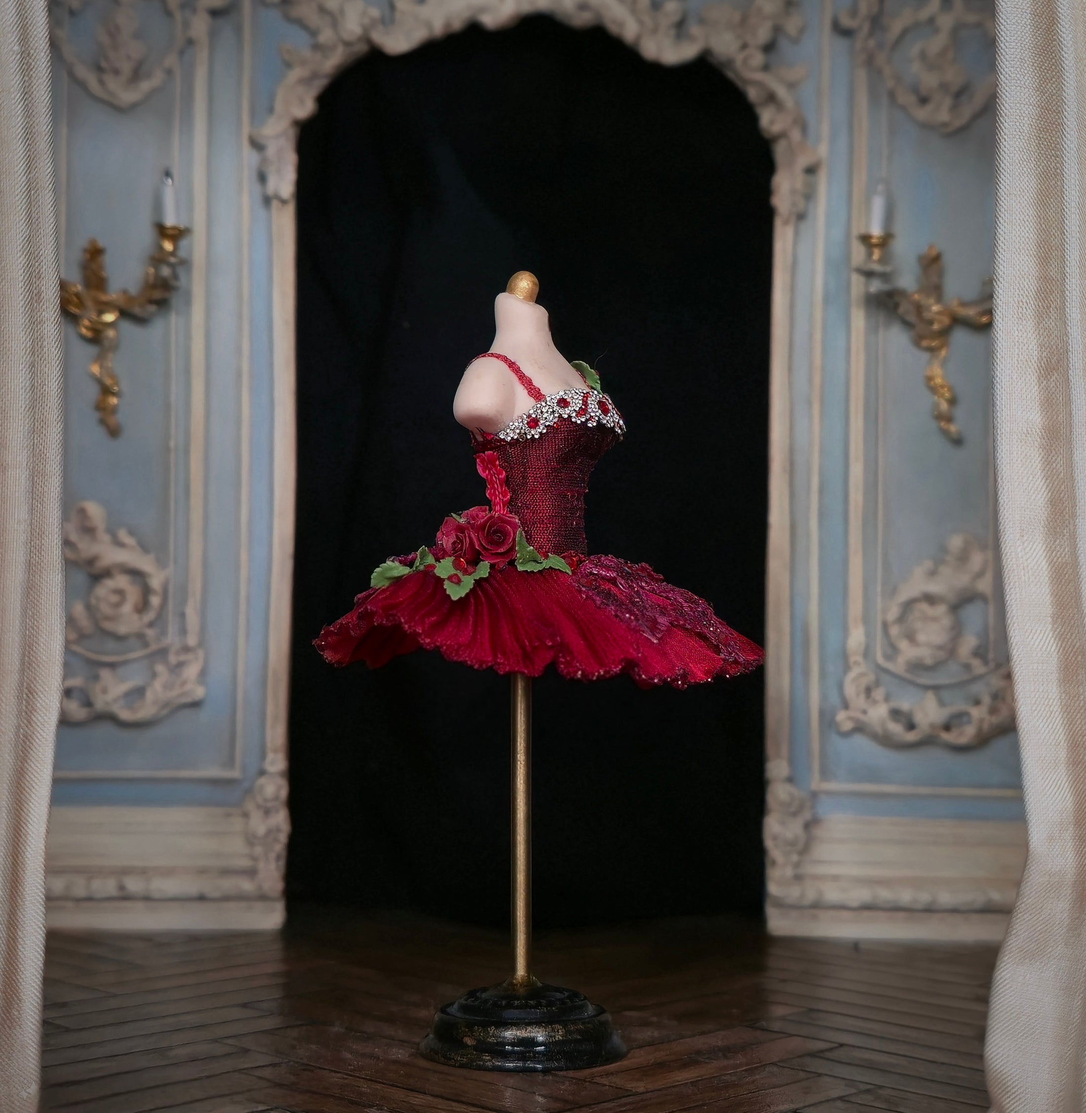 Couture Red Silk Youth Ballet Dress on Mannequin Dress Form Miniature