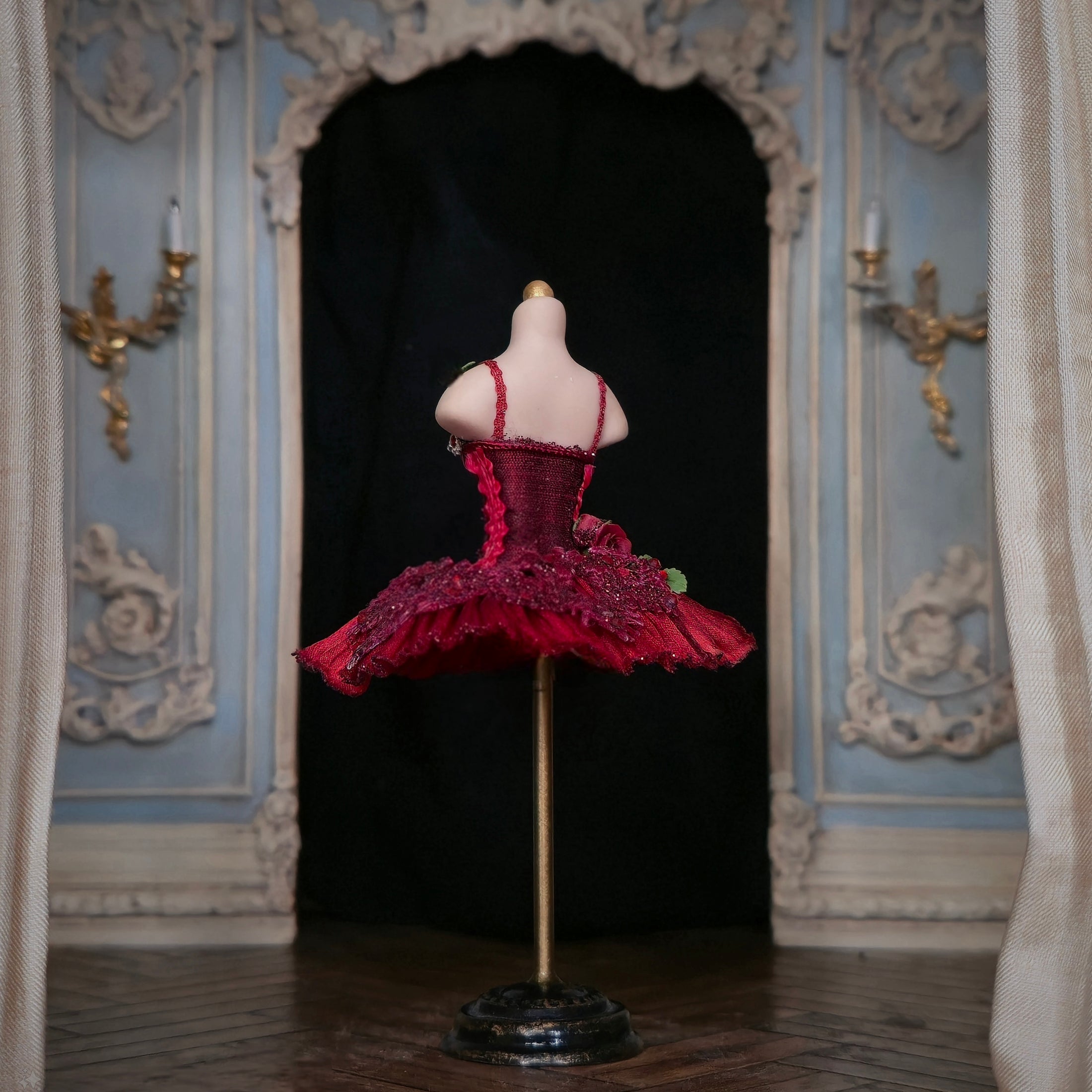 Couture Red Silk Youth Ballet Dress on Mannequin Dress Form Miniature
