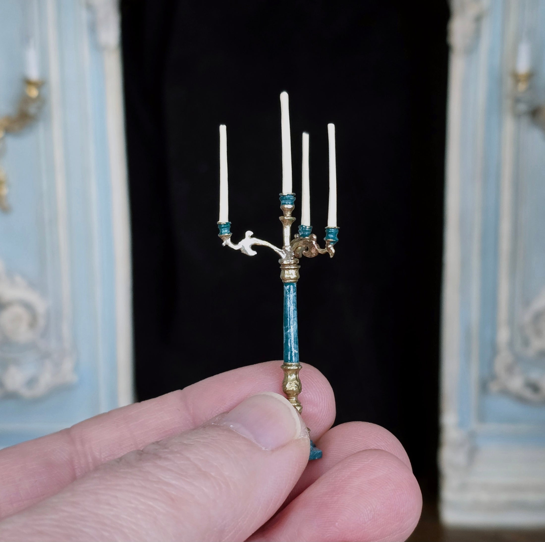 David Iriarte Four-Arm Gilt Candelabra with Green Enamel Faux Marble Column B