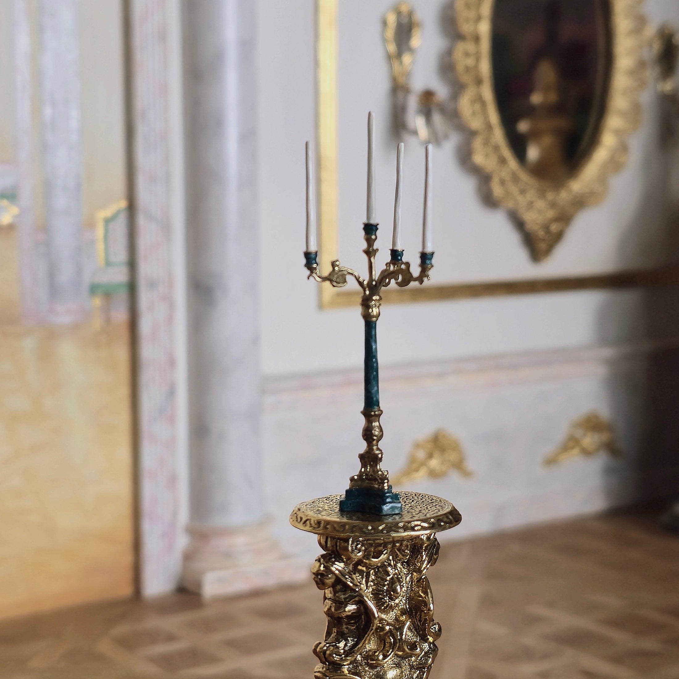 David Iriarte Four-Arm Gilt Candelabra with Green Enamel Faux Marble Column A