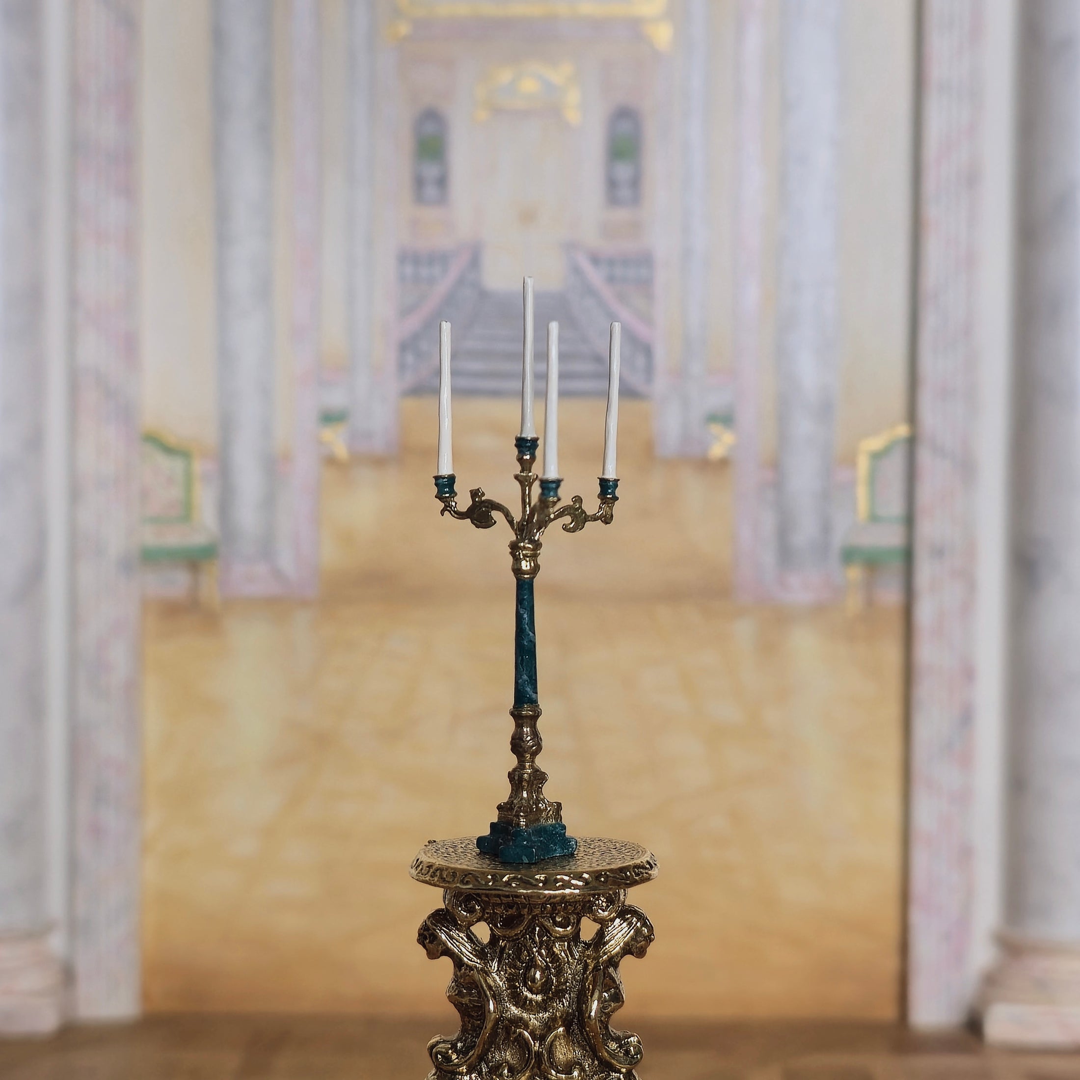 David Iriarte Four-Arm Gilt Candelabra with Green Enamel Faux Marble Column A