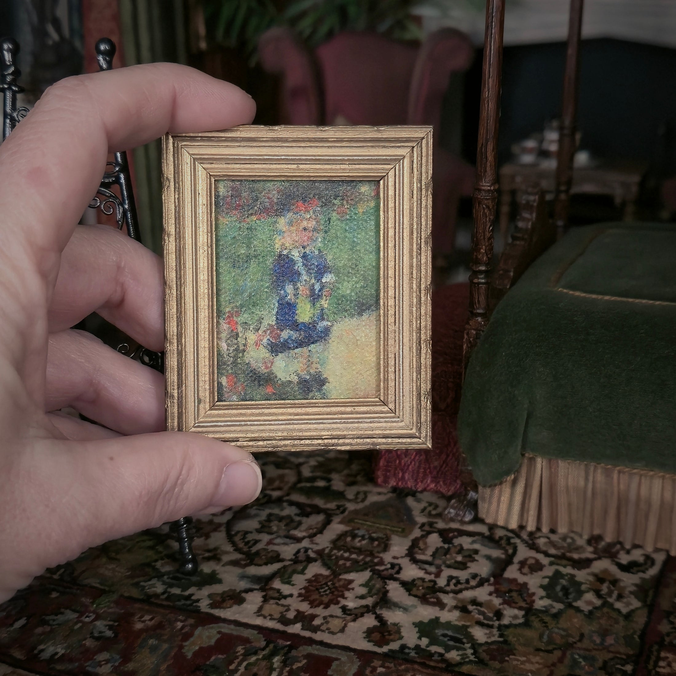 Seana Gallagher “Girl with a Watering Can” Framed Impressionist Miniature Painting After Renoir