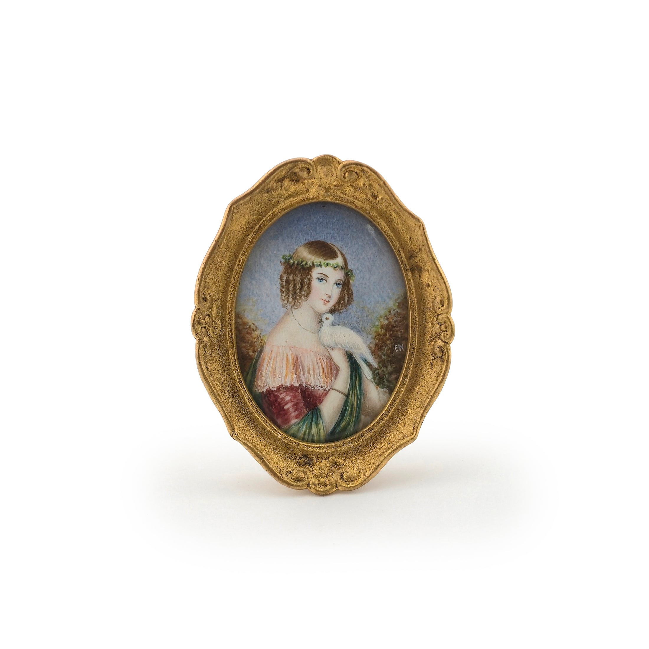 Ornately Framed Antique Oval Portrait of Edwardian Lady with Dove Real Miniature Painting