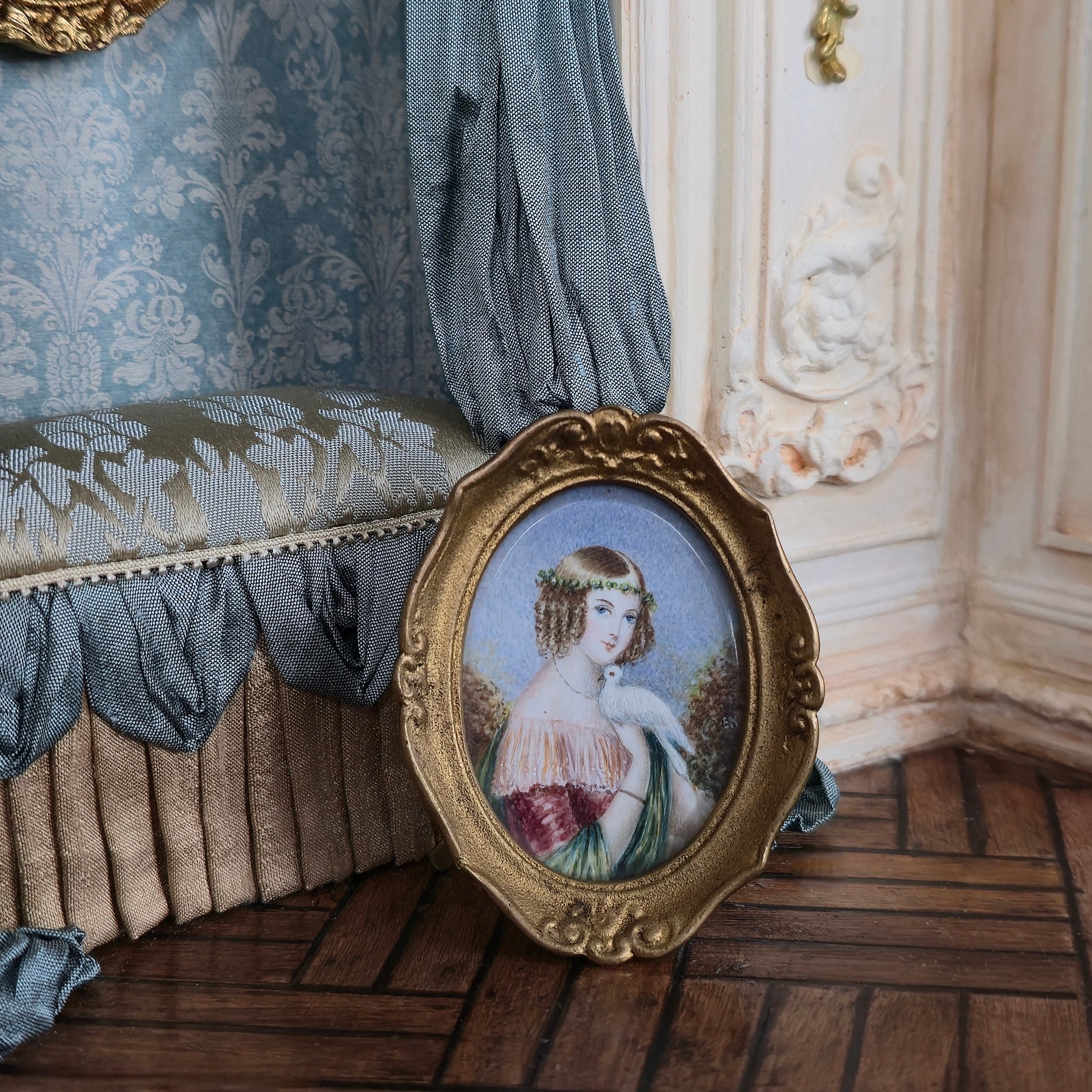 Ornately Framed Antique Oval Portrait of Edwardian Lady with Dove Real Miniature Painting