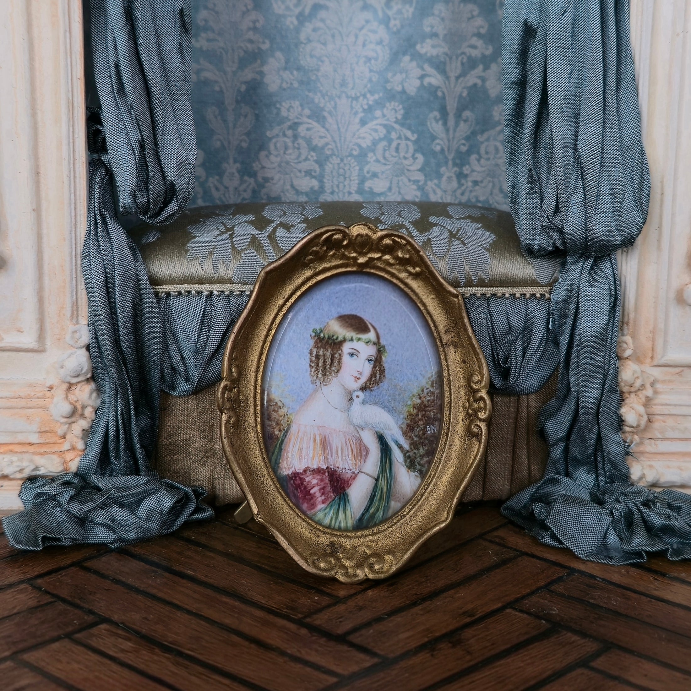 Ornately Framed Antique Oval Portrait of Edwardian Lady with Dove Real Miniature Painting