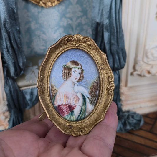 Ornately Framed Antique Oval Portrait of Edwardian Lady with Dove Real Miniature Painting