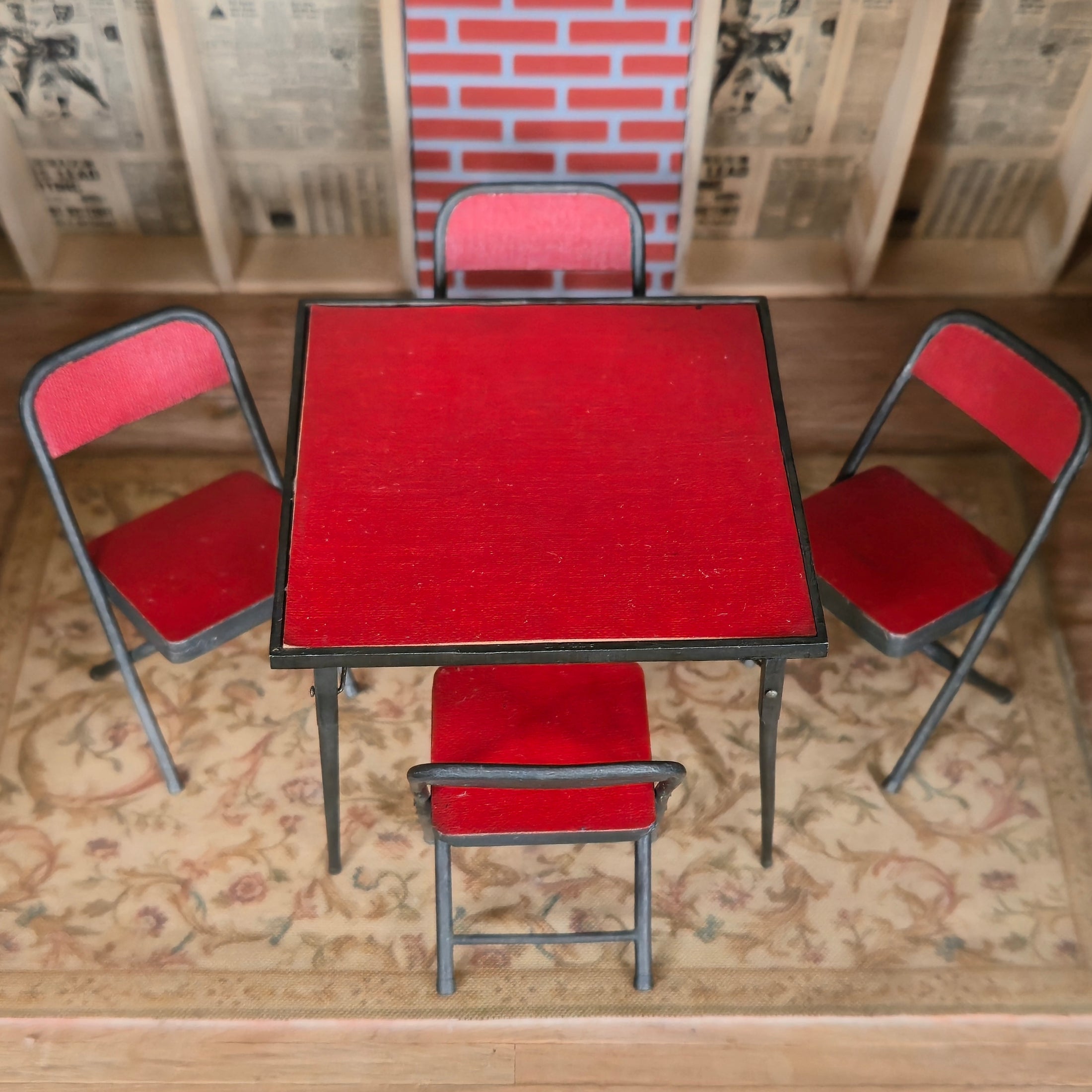 Retro Vintage Red Functional Folding Card Table & Chairs Set Classic Miniatures (1993)