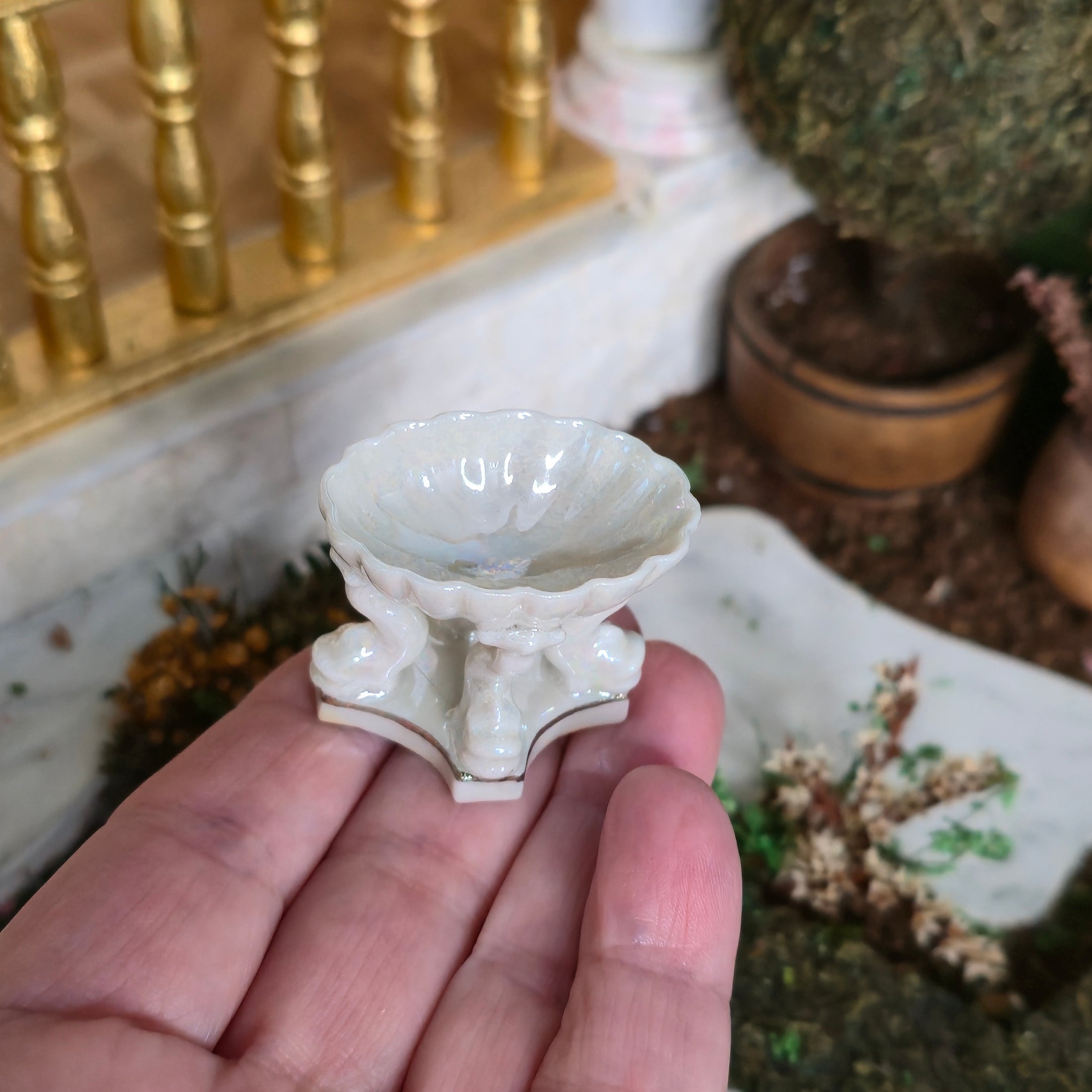 Short Vince Stapleton Miniature Porcelain Dolphin Compote Iridescent Signed IGMA