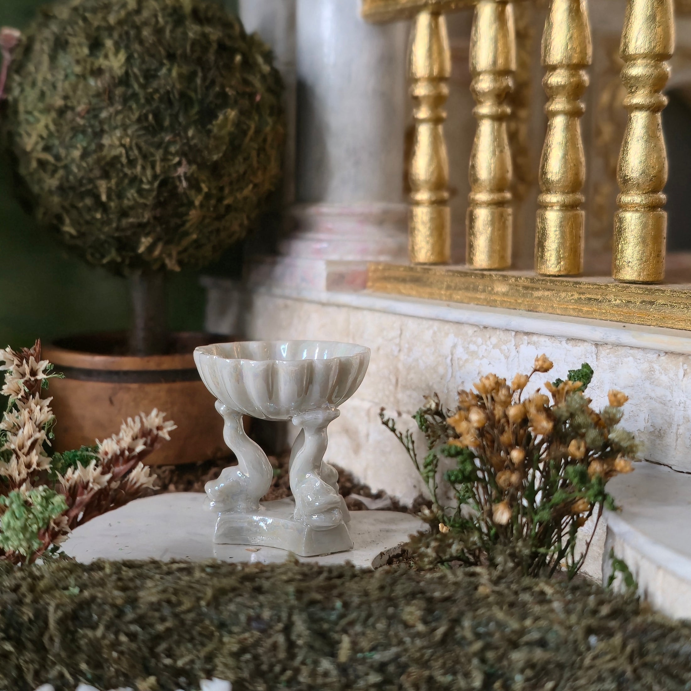 Tall Vince Stapleton Miniature Porcelain Dolphin Compote Iridescent Signed IGMA