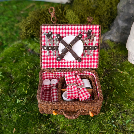 Artisan Signed Miniature Wicker Picnic Basket Set with Accessories Red Gingham