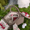 Load image into Gallery viewer, Artisan Signed Miniature Wicker Picnic Basket Set with Accessories Red Floral
