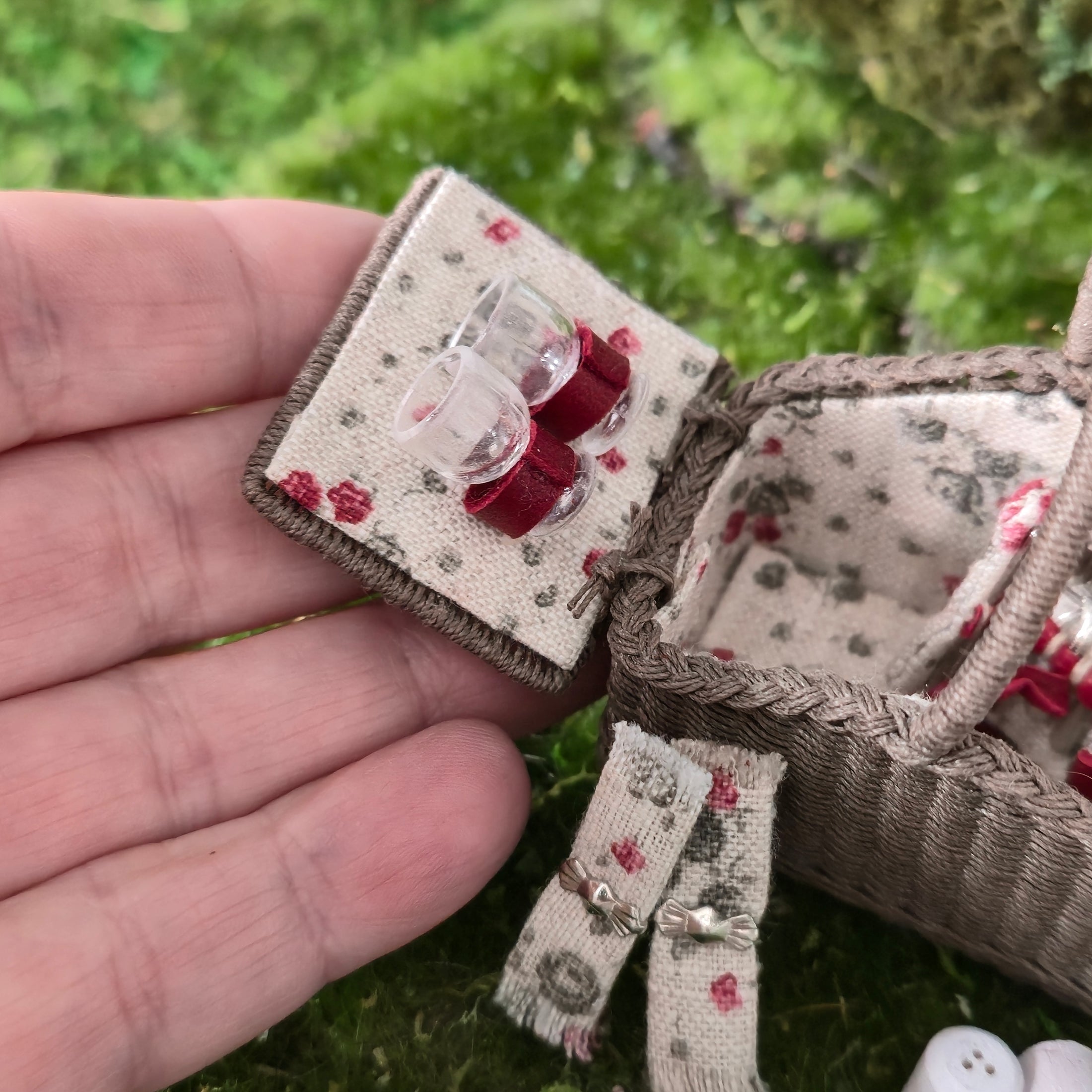 Artisan Signed Miniature Wicker Picnic Basket Set with Accessories Red Floral