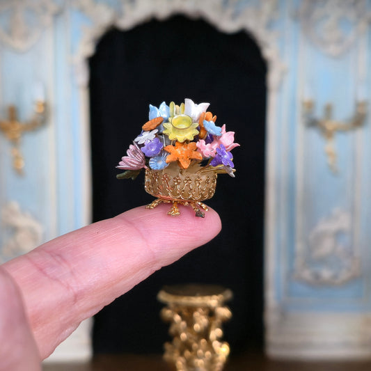 Colorful Enameled Floral Centerpiece in Brass Planter 1:12 Scale Vintage Artisan