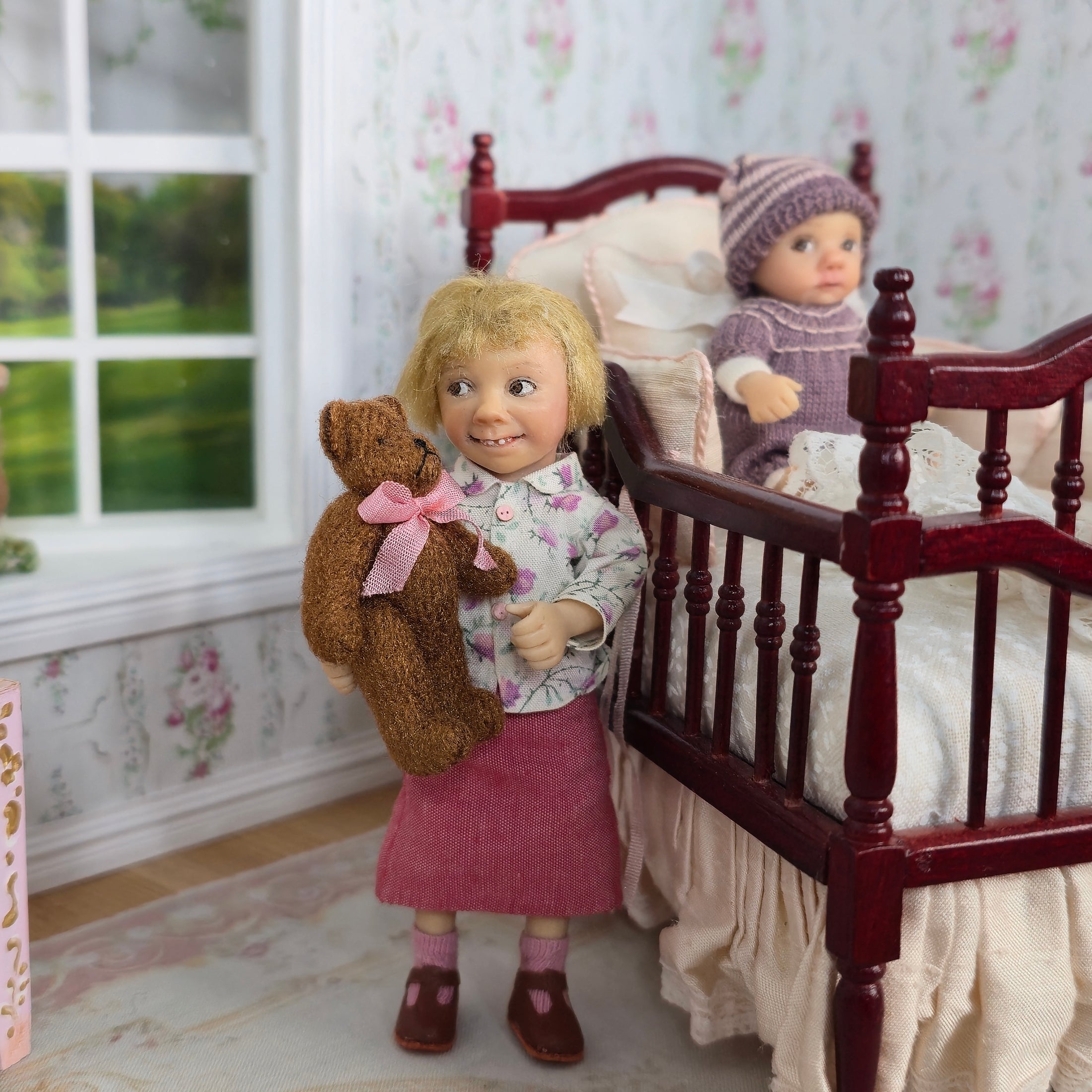 Paulette Svec Miniature Wool Teddy Bear with Pink Ribbon