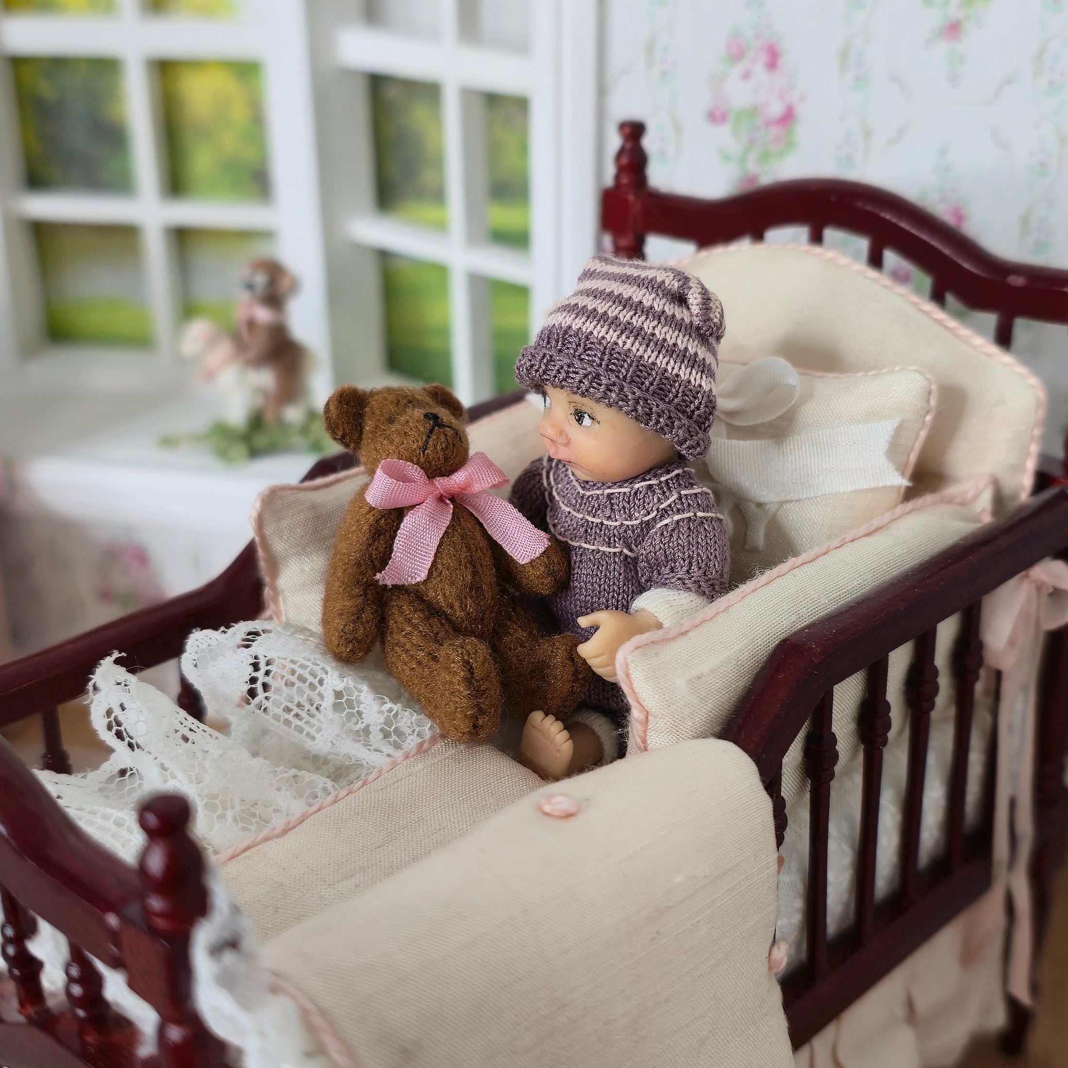 Paulette Svec Miniature Wool Teddy Bear with Pink Ribbon
