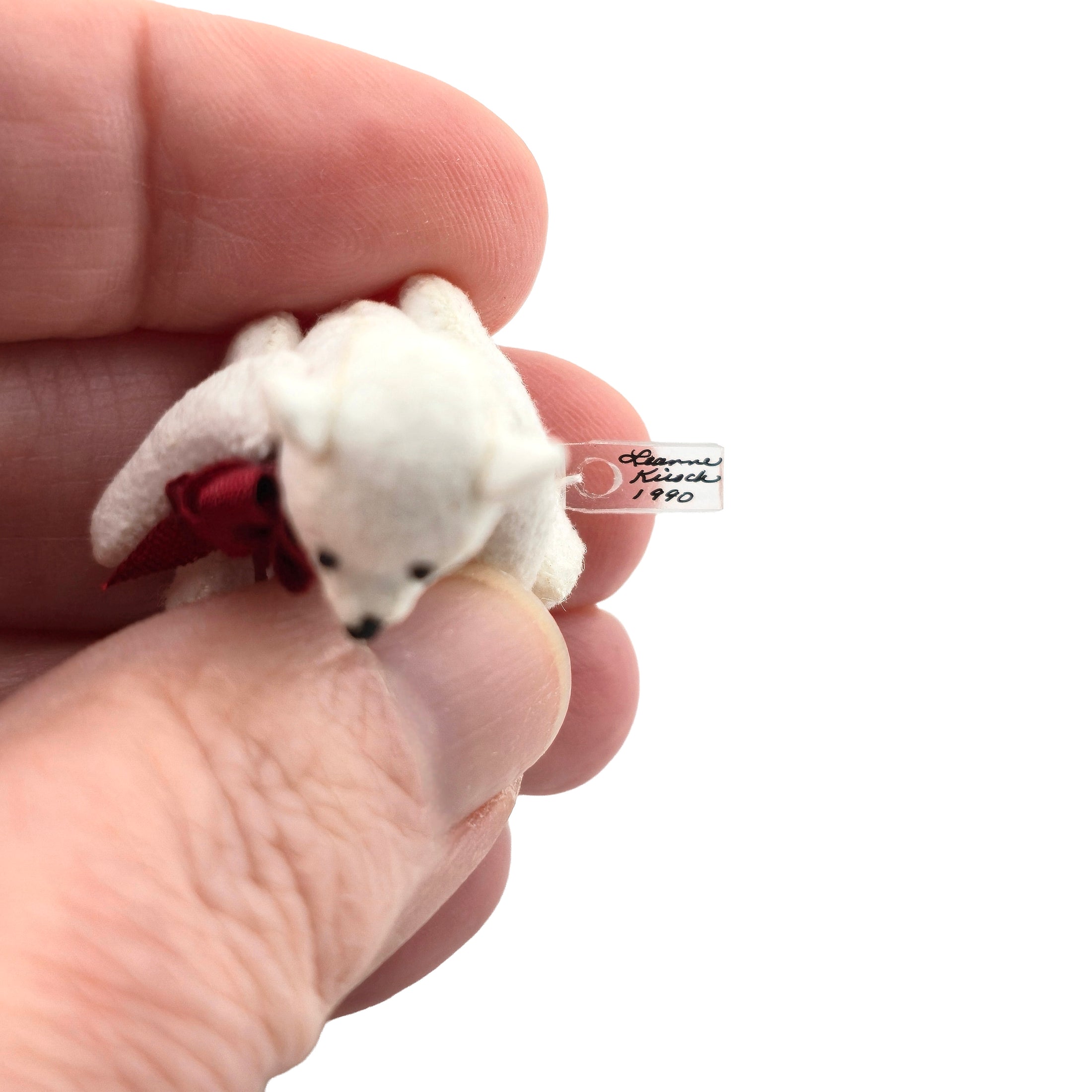 Leanna Kirsch Miniature White Wool Teddy Bear with Silk Ribbon