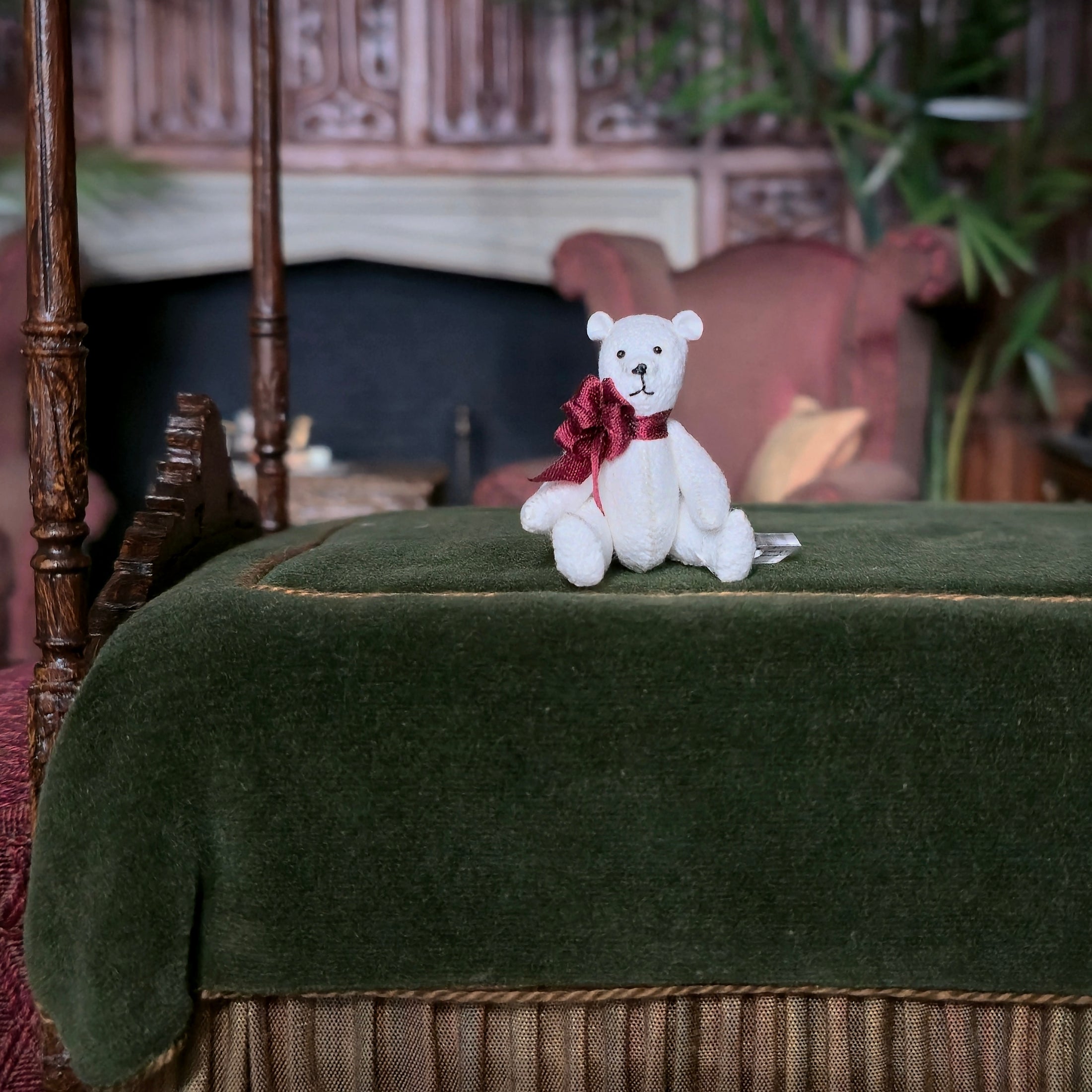 Leanna Kirsch Miniature White Wool Teddy Bear with Silk Ribbon