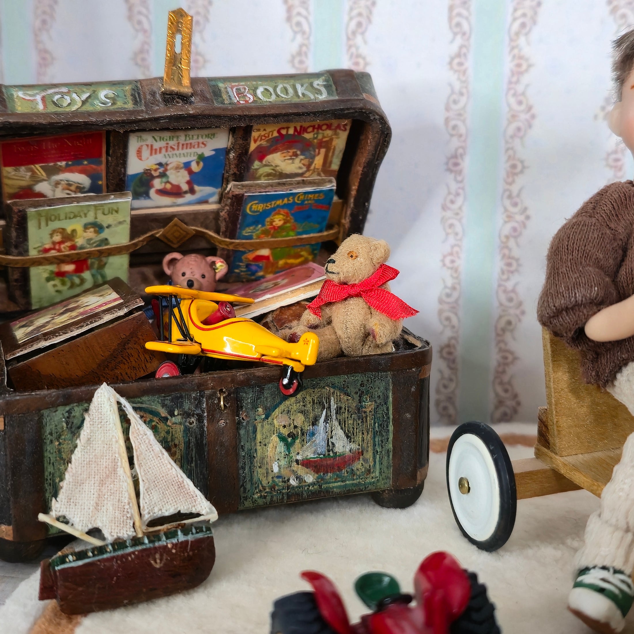Tiny Miniature Wool Teddy Bear with Red Silk Ribbon Dollhouse Toy