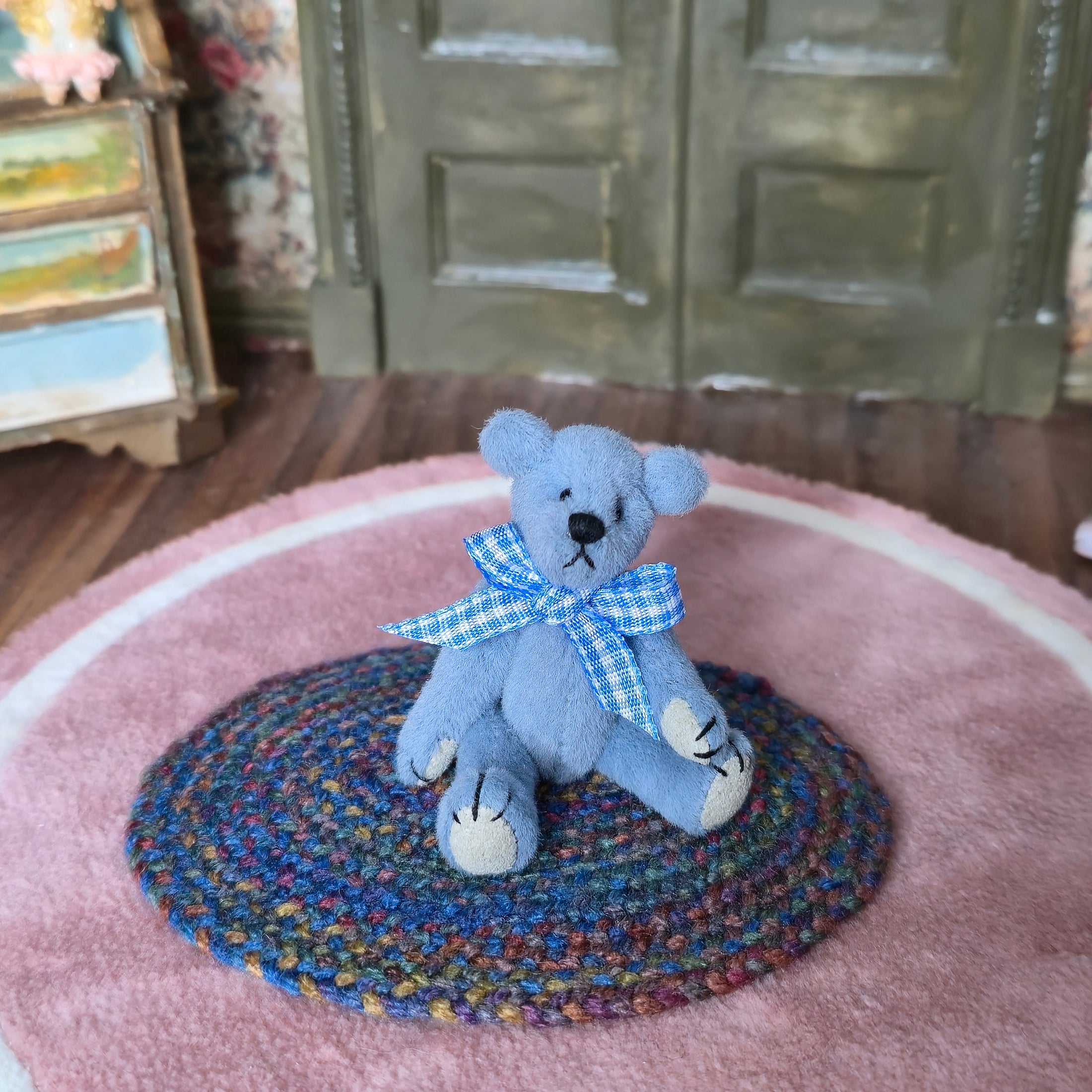 Kay’s Bears Blue Mohair Teddy Bear with Braided Farmhouse Rug