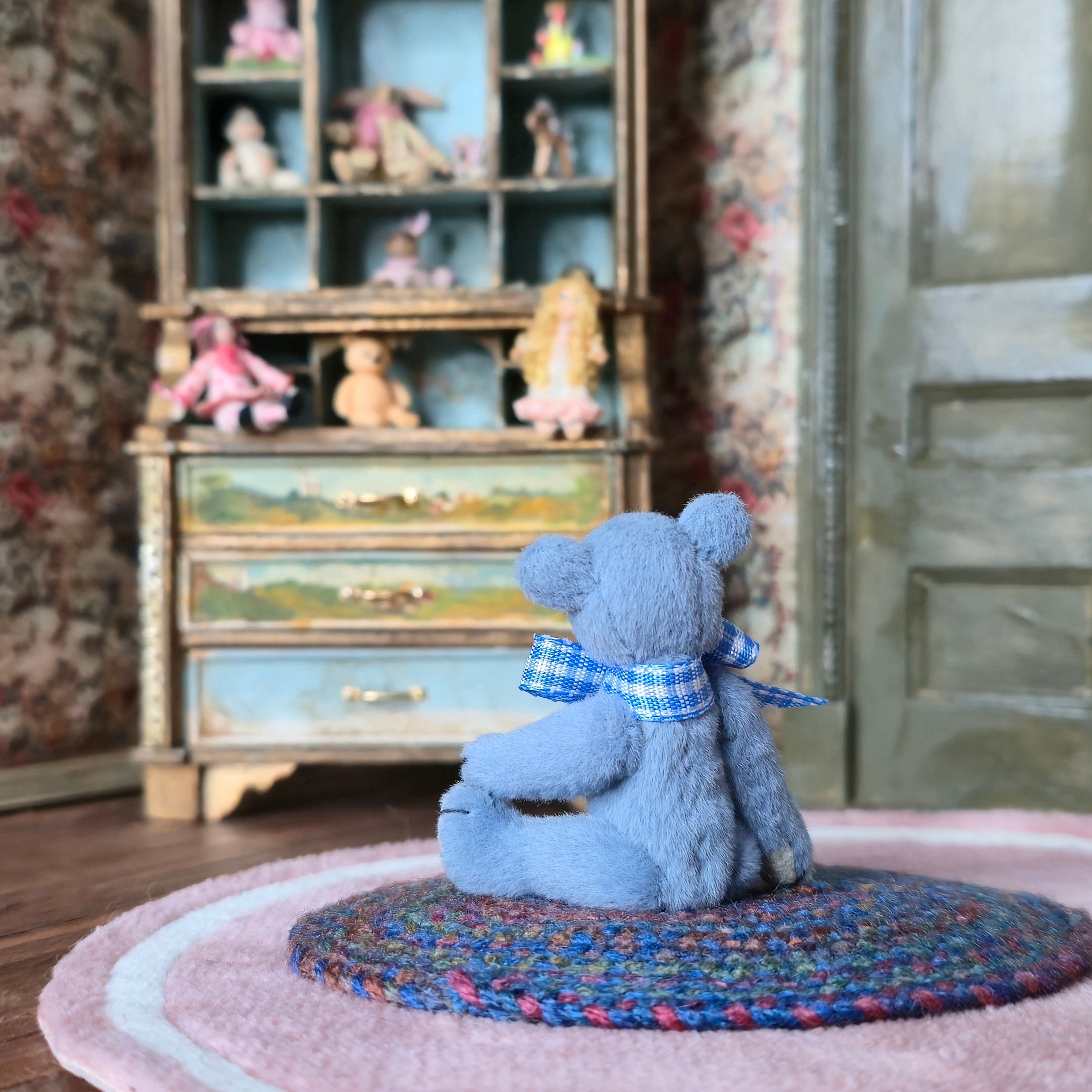 Kay’s Bears Blue Mohair Teddy Bear with Braided Farmhouse Rug