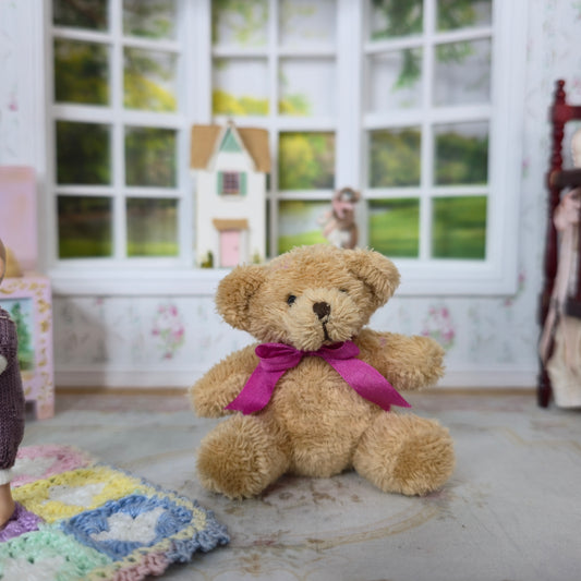 Chubby Teddy Bear Dollhouse Toy Jointed Plush Pink Ribbon Bow