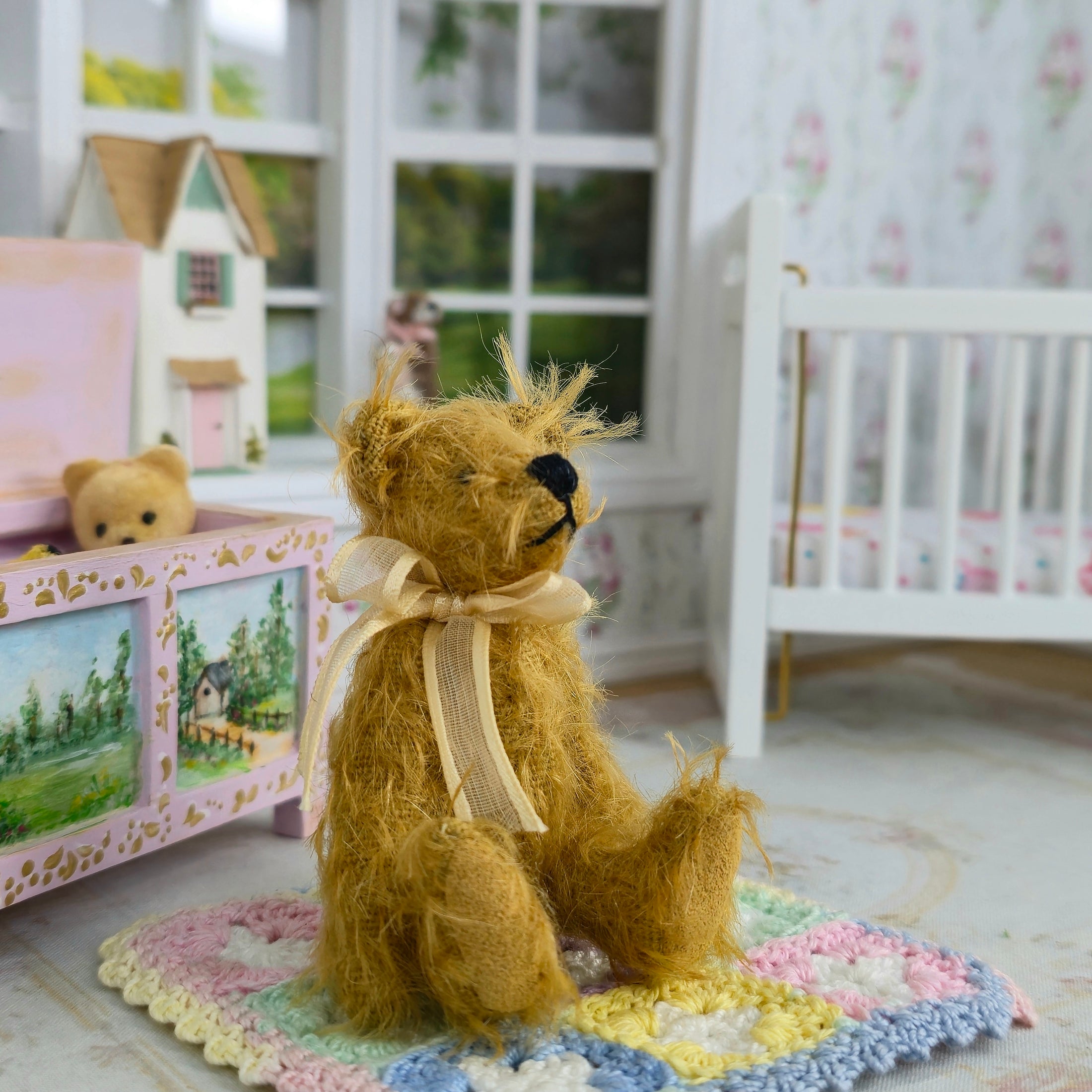 OOAK Miniature Brown Tousled Burlap & Mohair Teddy Bear Nursery Toy