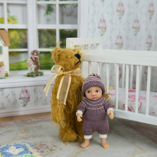 OOAK Miniature Brown Tousled Burlap & Mohair Teddy Bear Nursery Toy