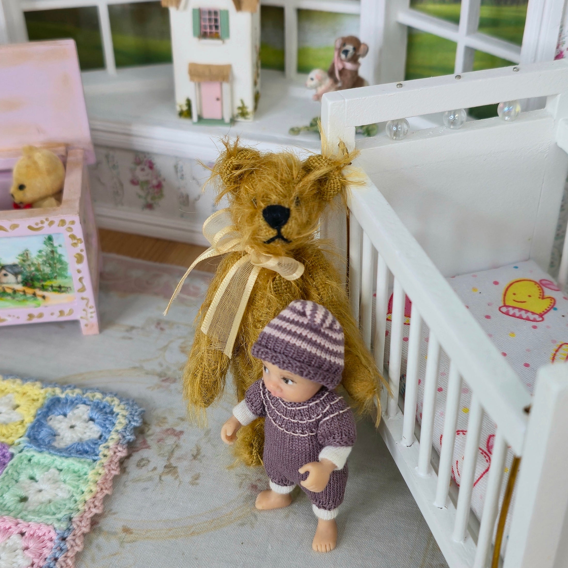 OOAK Miniature Brown Tousled Burlap & Mohair Teddy Bear Nursery Toy