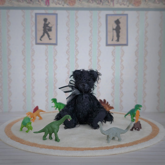 Black Mohair Jointed Toy Teddy Bear With Bow OOAK Artisan Miniature Dollhouse