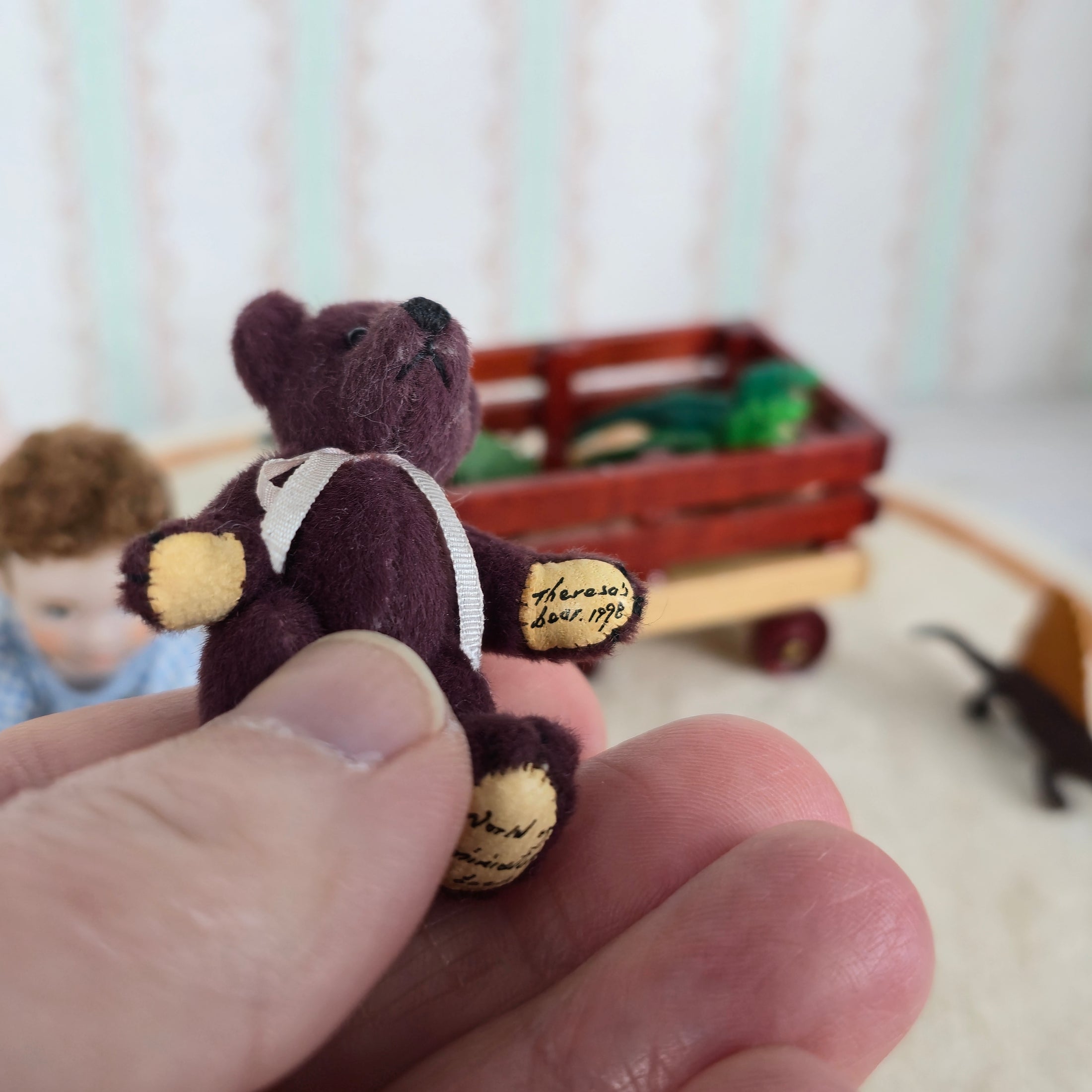 World of Miniature Bears Burgundy Wool Jointed Toy Teddy Bear Signed OOAK