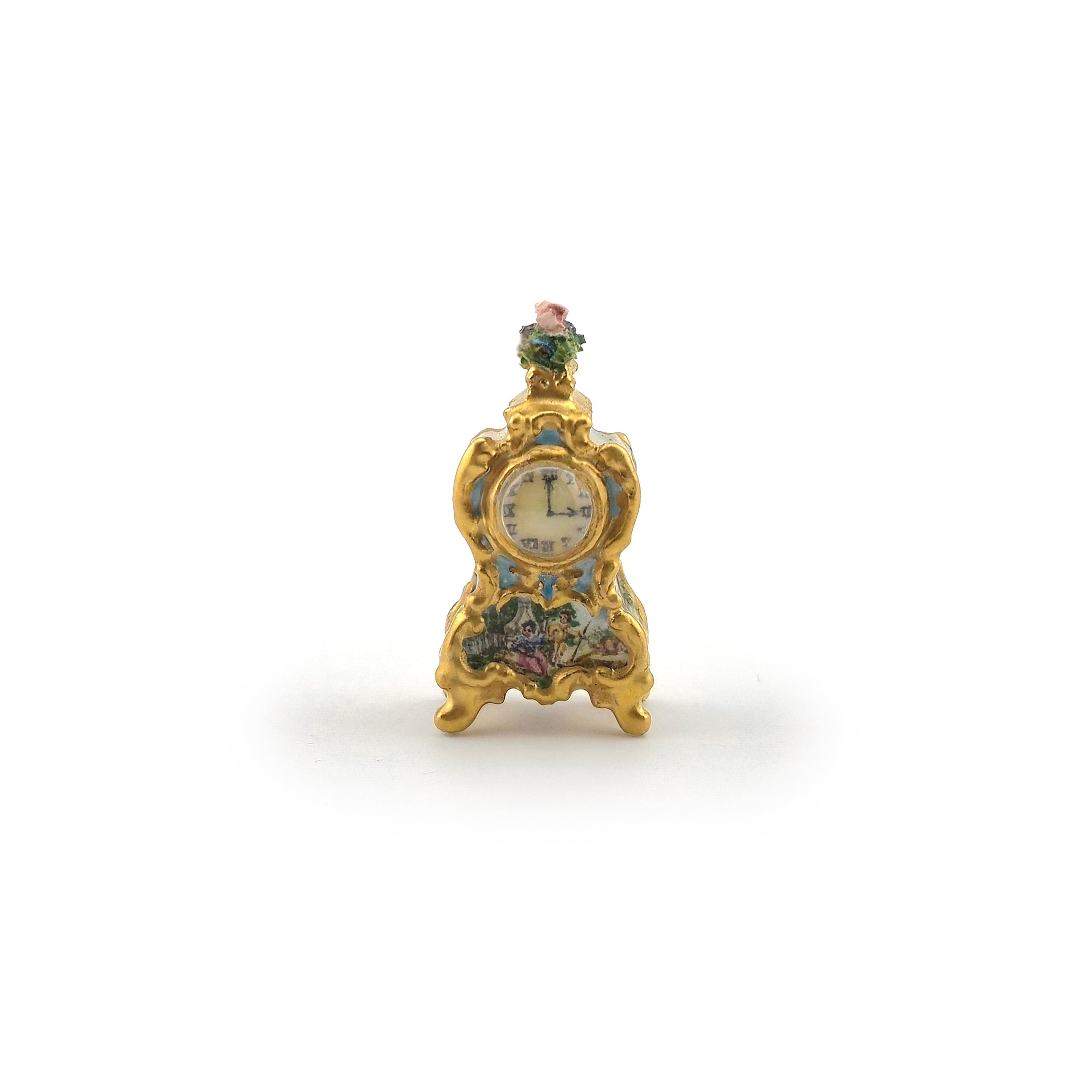 Very Rare Le Chateau Interiors French Porcelain Mantel Clock with Hand Painted Scenes